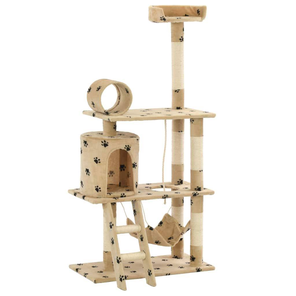 Arbre à chat griffoir grattoir niche jouet animaux peluché en sisal 140cm beige motif de pattes - Image 3