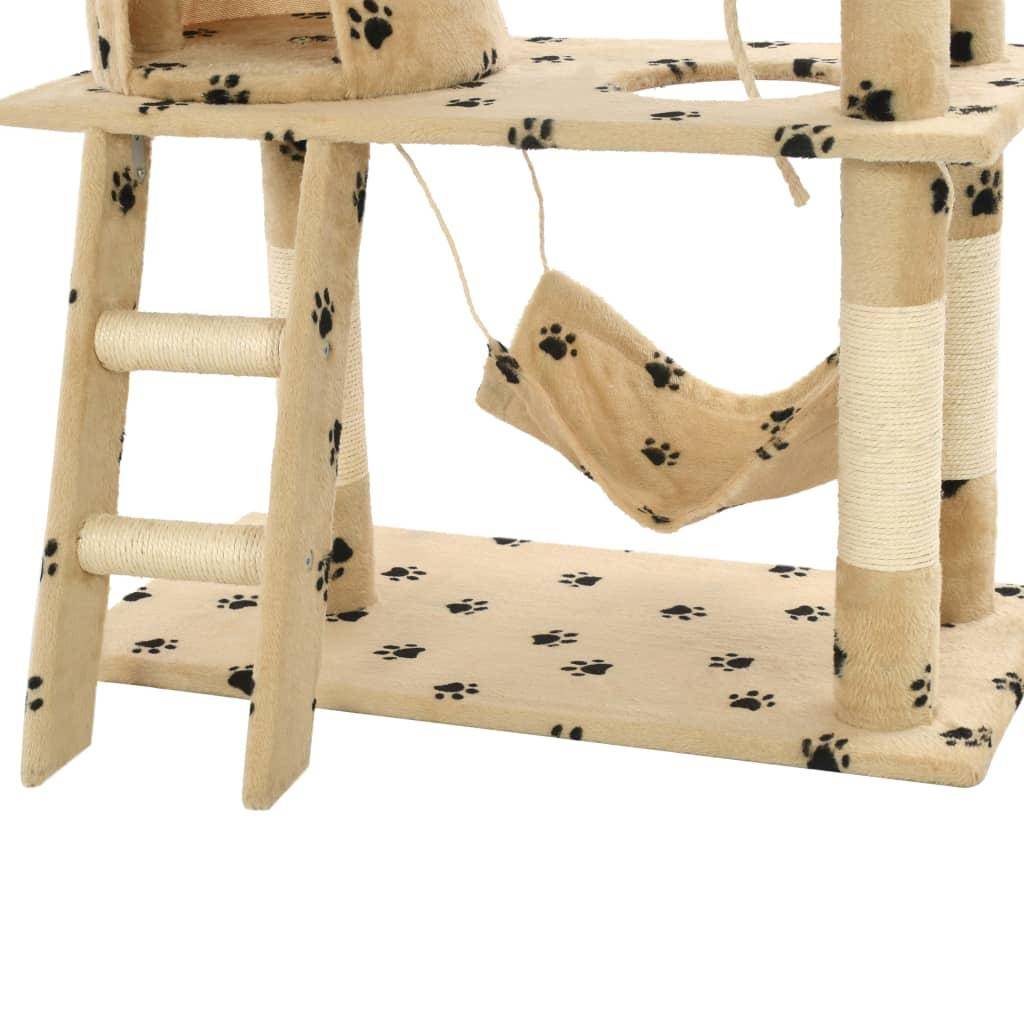 Arbre à chat griffoir grattoir niche jouet animaux peluché en sisal 140cm beige motif de pattes - Image 8