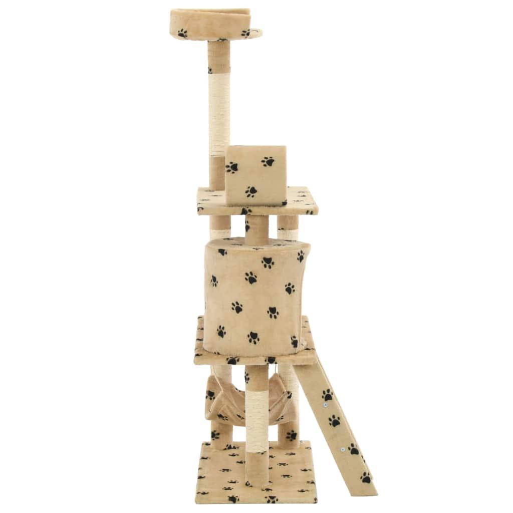 Arbre à chat griffoir grattoir niche jouet animaux peluché en sisal 140cm beige motif de pattes - Image 4