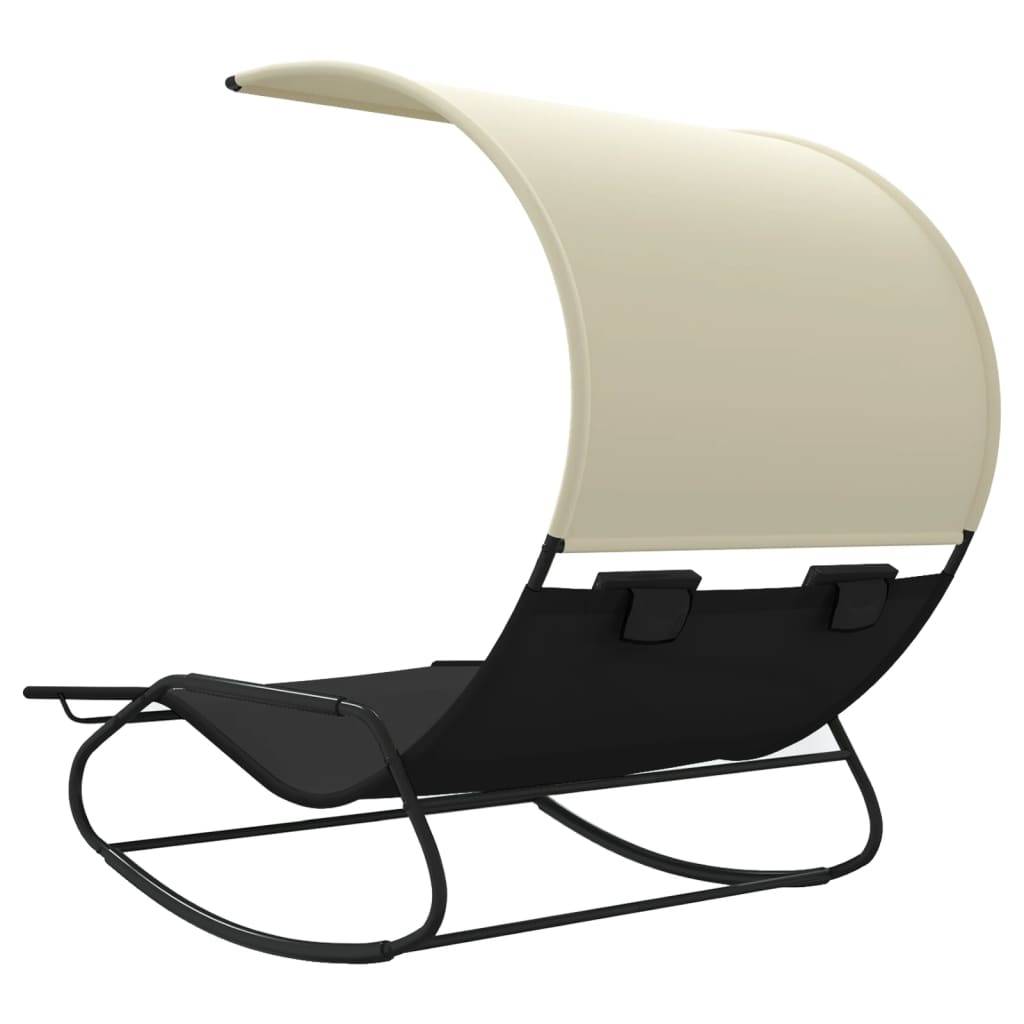 Helloshop26 - Transat chaise longue bain de soleil lit de jardin terrasse meuble d'extérieur double à bascule avec auvent noir et crème - Image 4