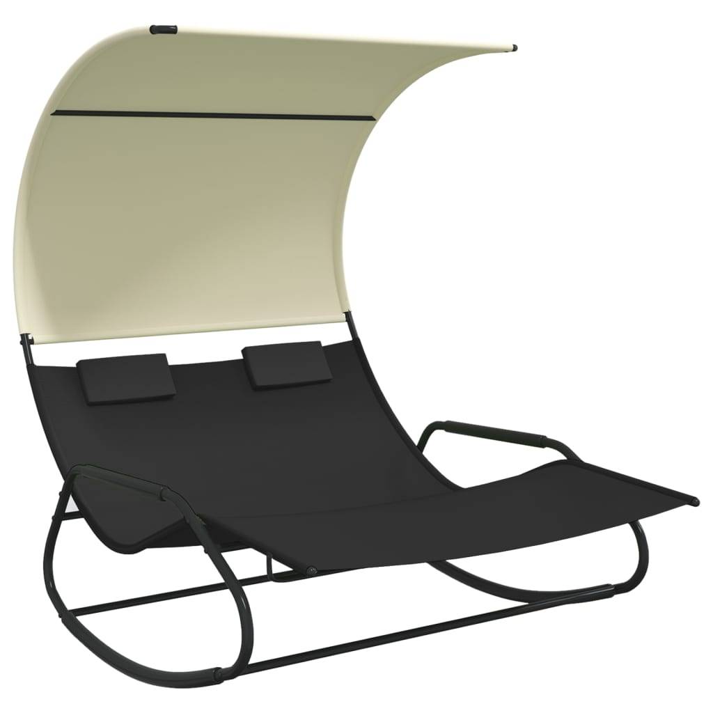 Helloshop26 - Transat chaise longue bain de soleil lit de jardin terrasse meuble d'extérieur double à bascule avec auvent noir et crème - Image 1