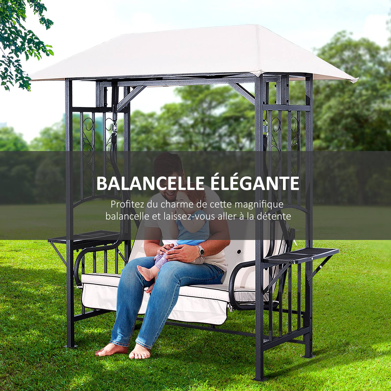 Outsunny - Balancelle de jardin 2 places style colonial grand confort matelas + tablettes supports métal époxy gris foncé polyester gris clair - Outsunny - Image 7