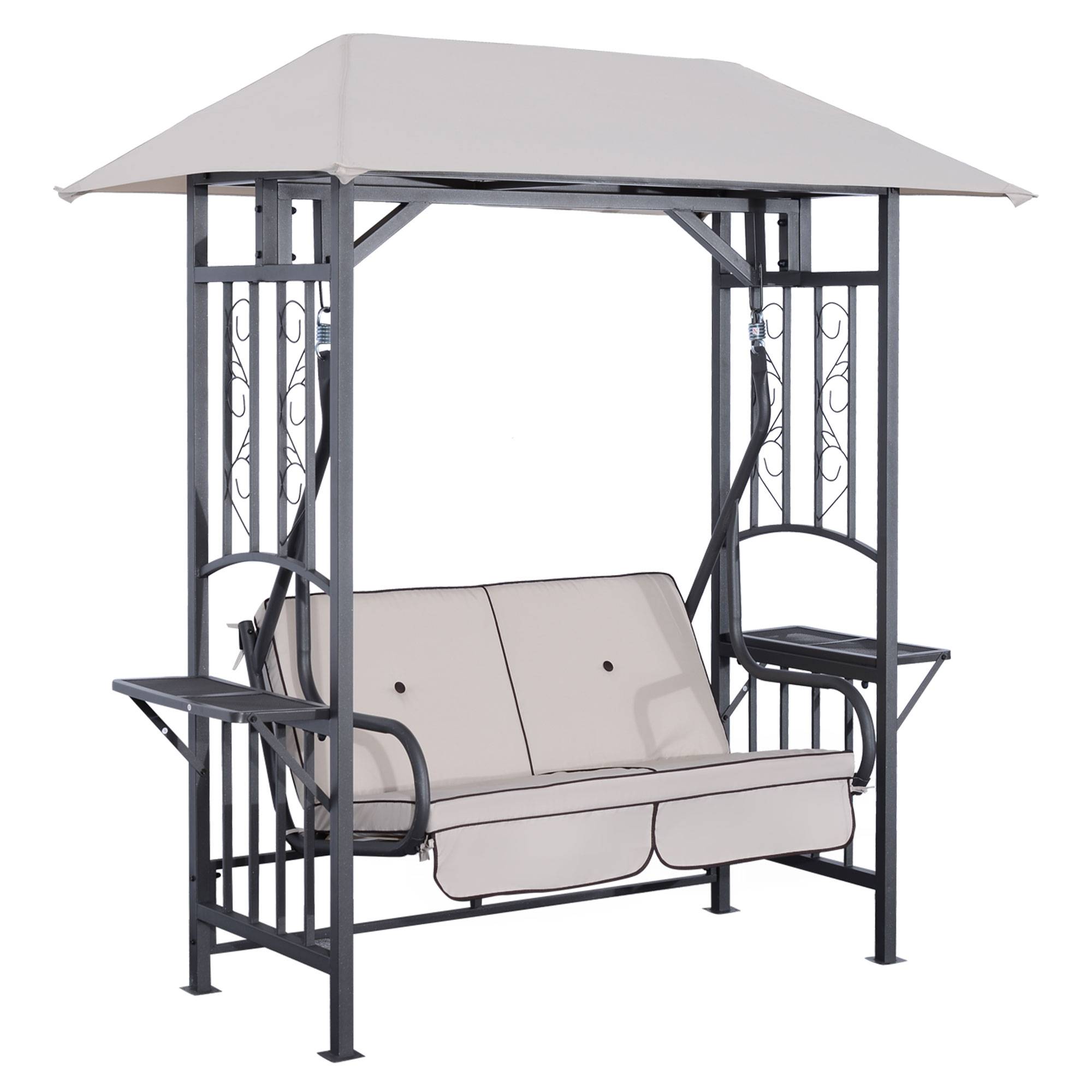 Outsunny - Balancelle de jardin 2 places style colonial grand confort matelas + tablettes supports métal époxy gris foncé polyester gris clair - Outsunny - Image 1