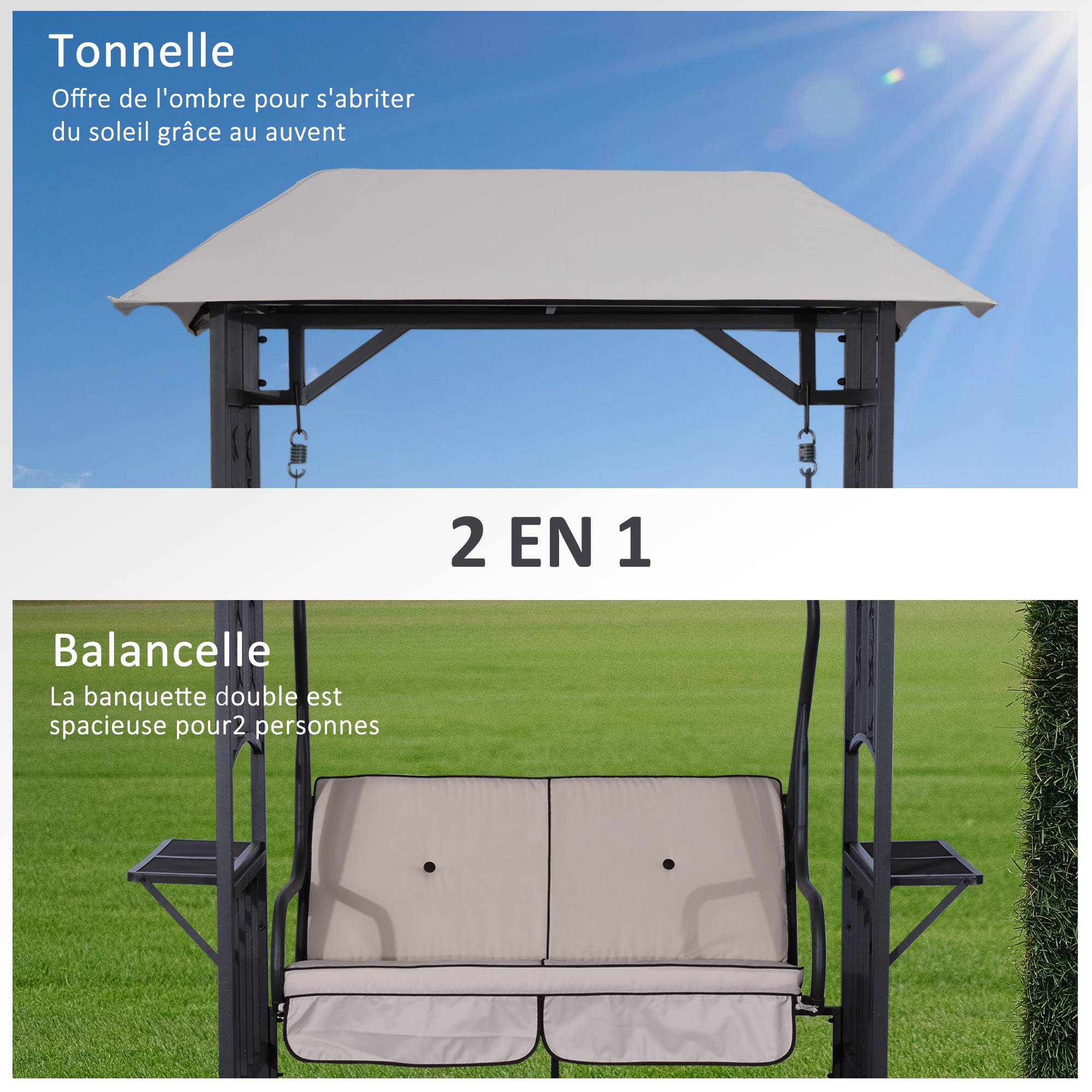 Outsunny - Balancelle de jardin 2 places style colonial grand confort matelas + tablettes supports métal époxy gris foncé polyester gris clair - Outsunny - Image 6
