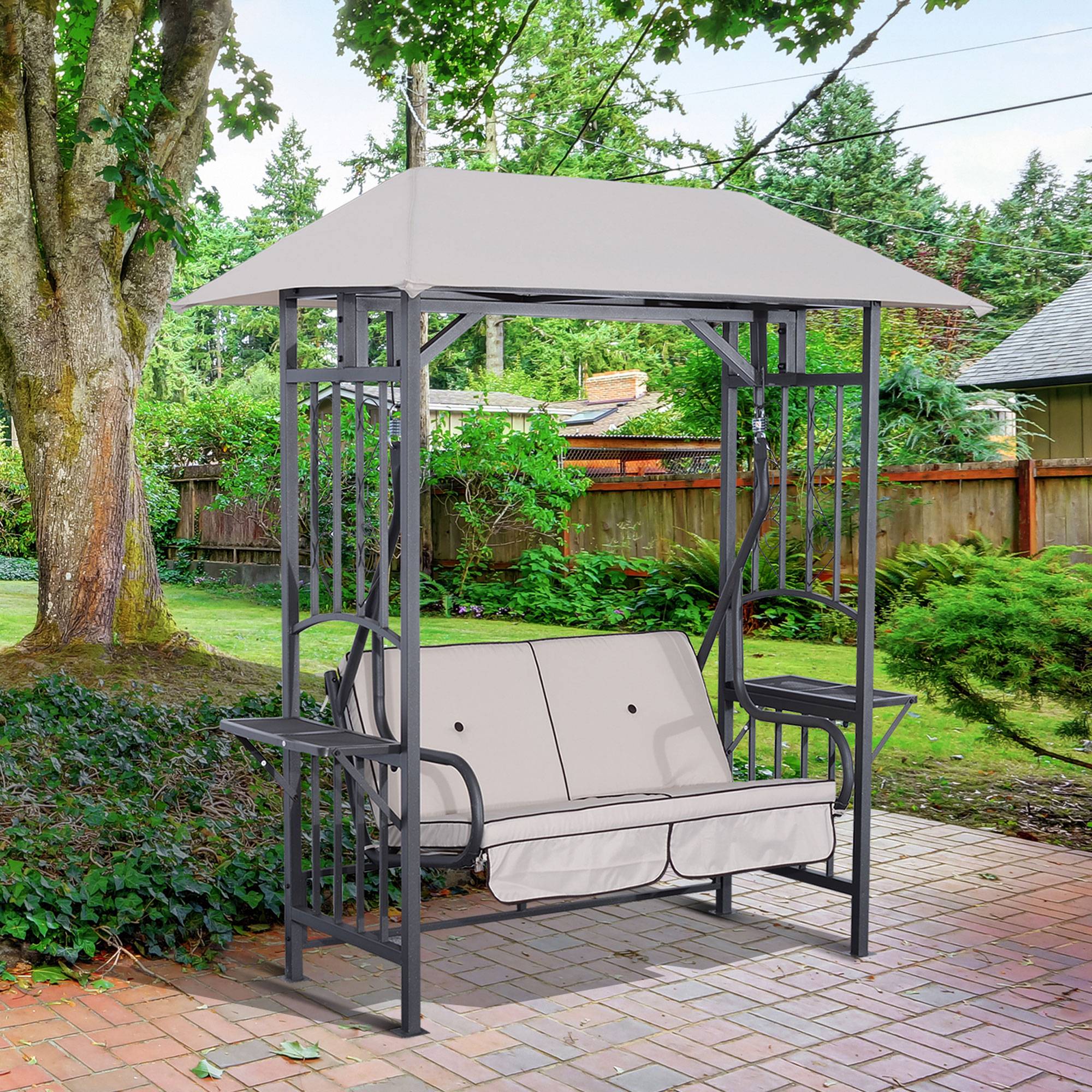 Outsunny - Balancelle de jardin 2 places style colonial grand confort matelas + tablettes supports métal époxy gris foncé polyester gris clair - Outsunny - Image 2