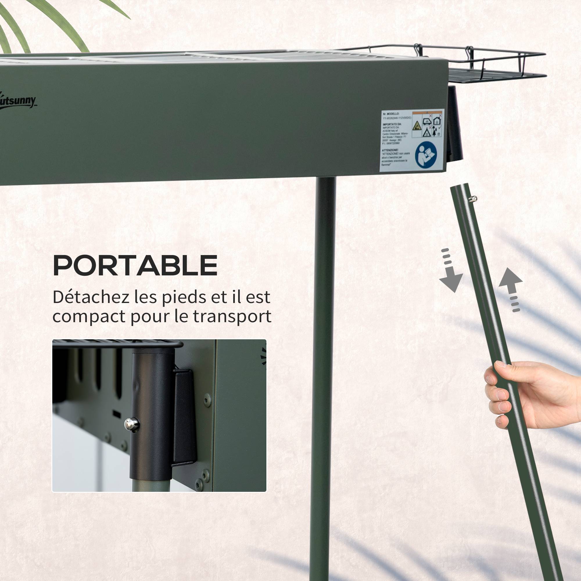 Barbecue à charbon portable acier inox camping pique-nique 2 grilles vert foncé 94 cm - ComfortXL Outdoor Living - Image 9