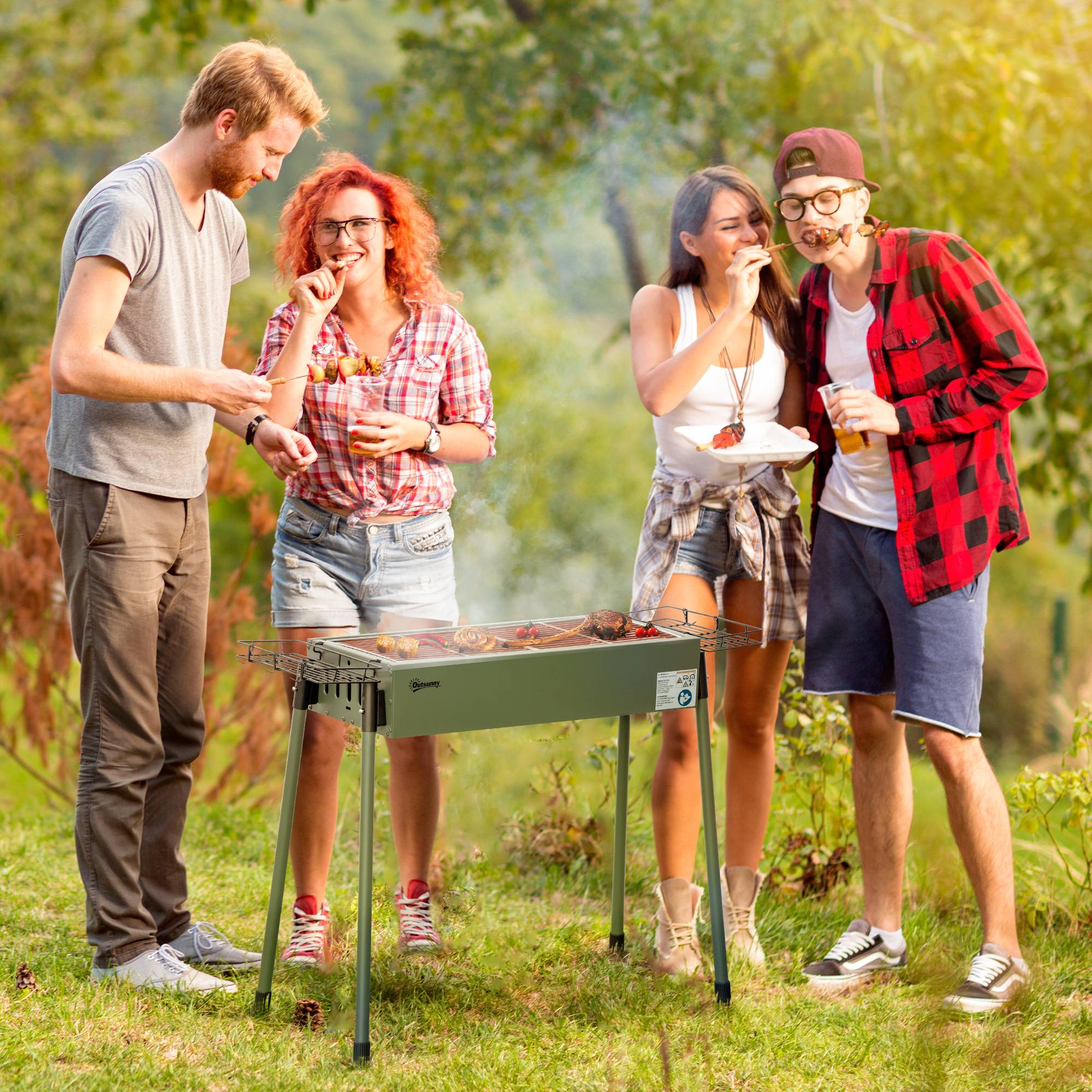 Barbecue à charbon portable acier inox camping pique-nique 2 grilles vert foncé 94 cm - ComfortXL Outdoor Living - Image 3