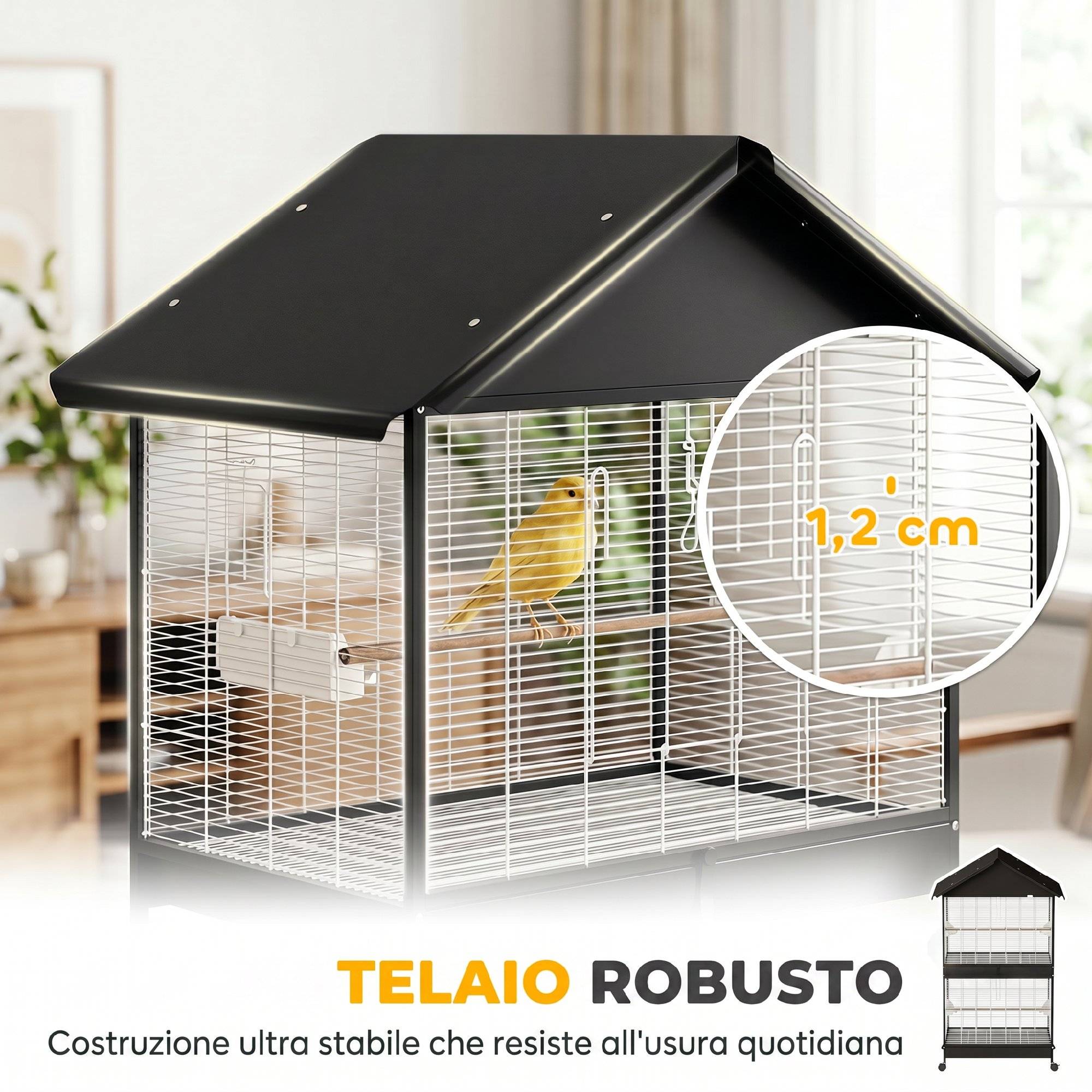 Grande cage à oiseaux avec roues, plateau extractible, perchoirs, toit, pour perroquets et canaris, noir - Image 8