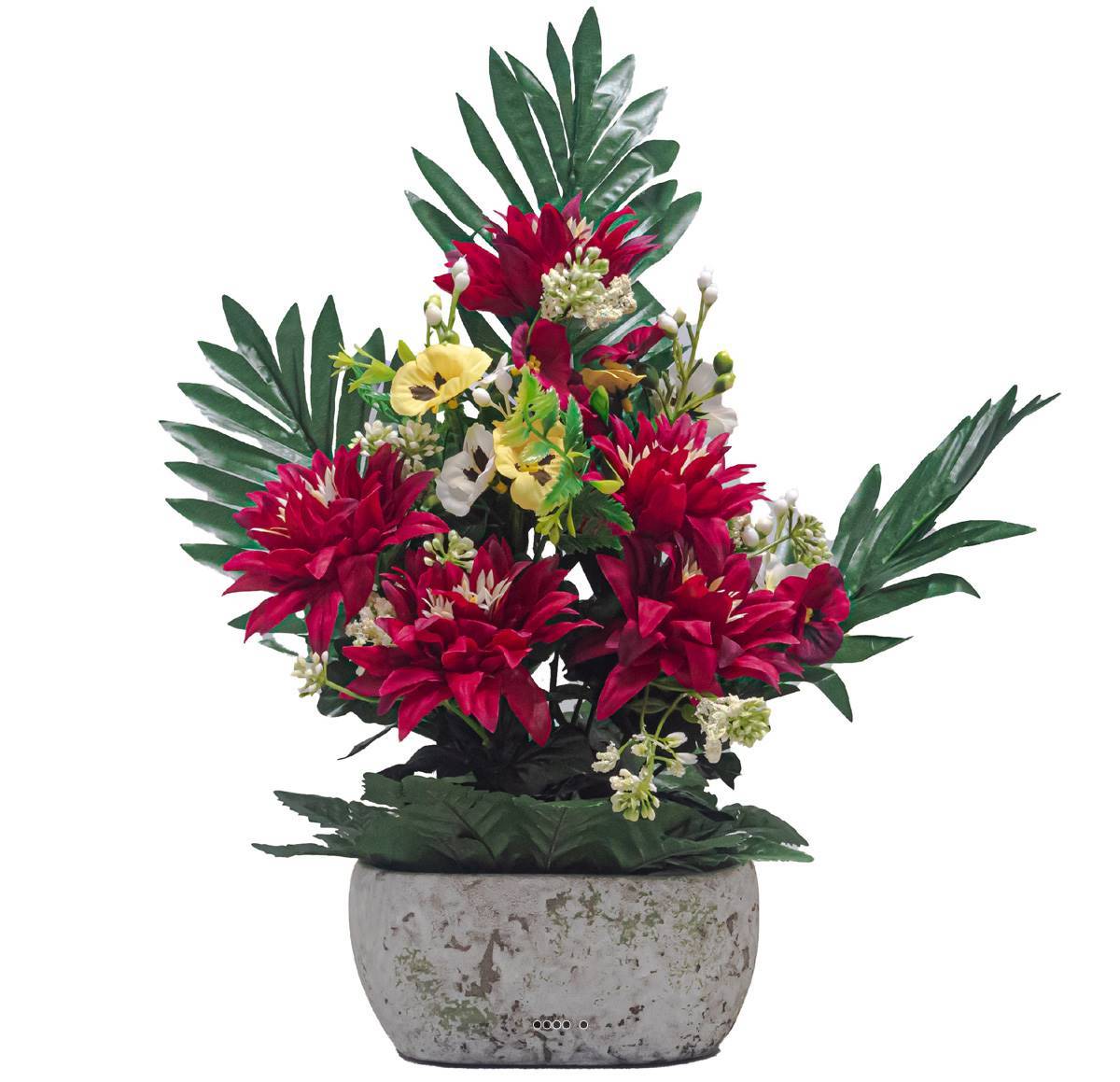 Artificielles - Jardinière pot béton Chrysantheme, Pensée et mini fleurs Bourgogne pour la Toussaint - couleur: Bourgogne - Image 2