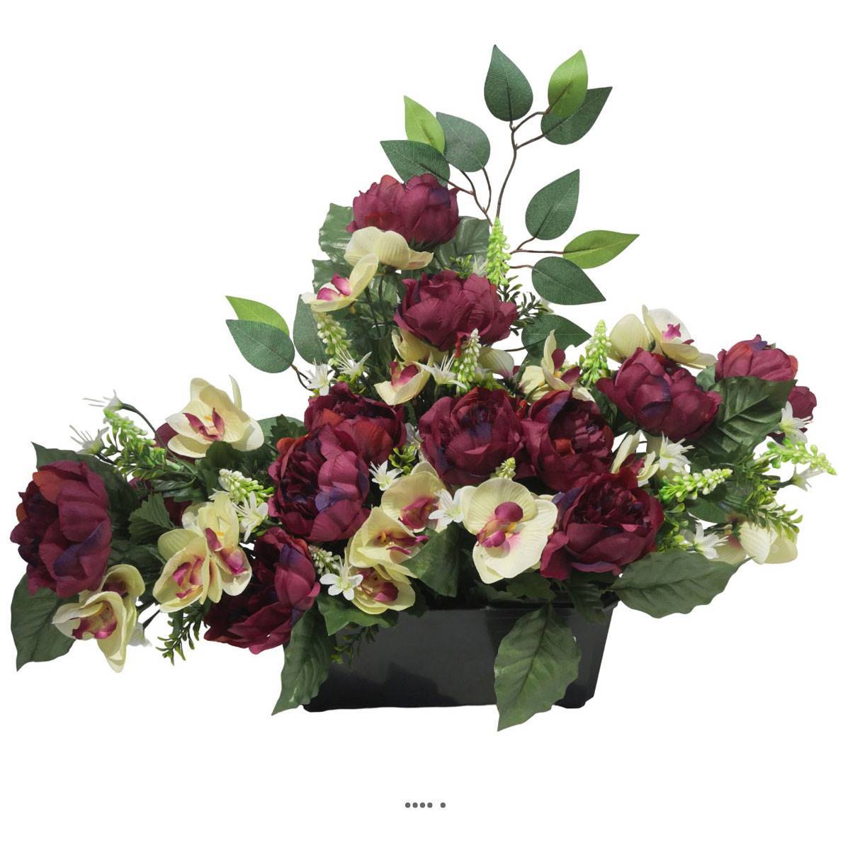 Artificielles - Devant de tombe de Pivoine, Orchidée, mini fleurs et ficus Pourpre artificiels pour la Toussaint - couleur: Pourpre - Image 2