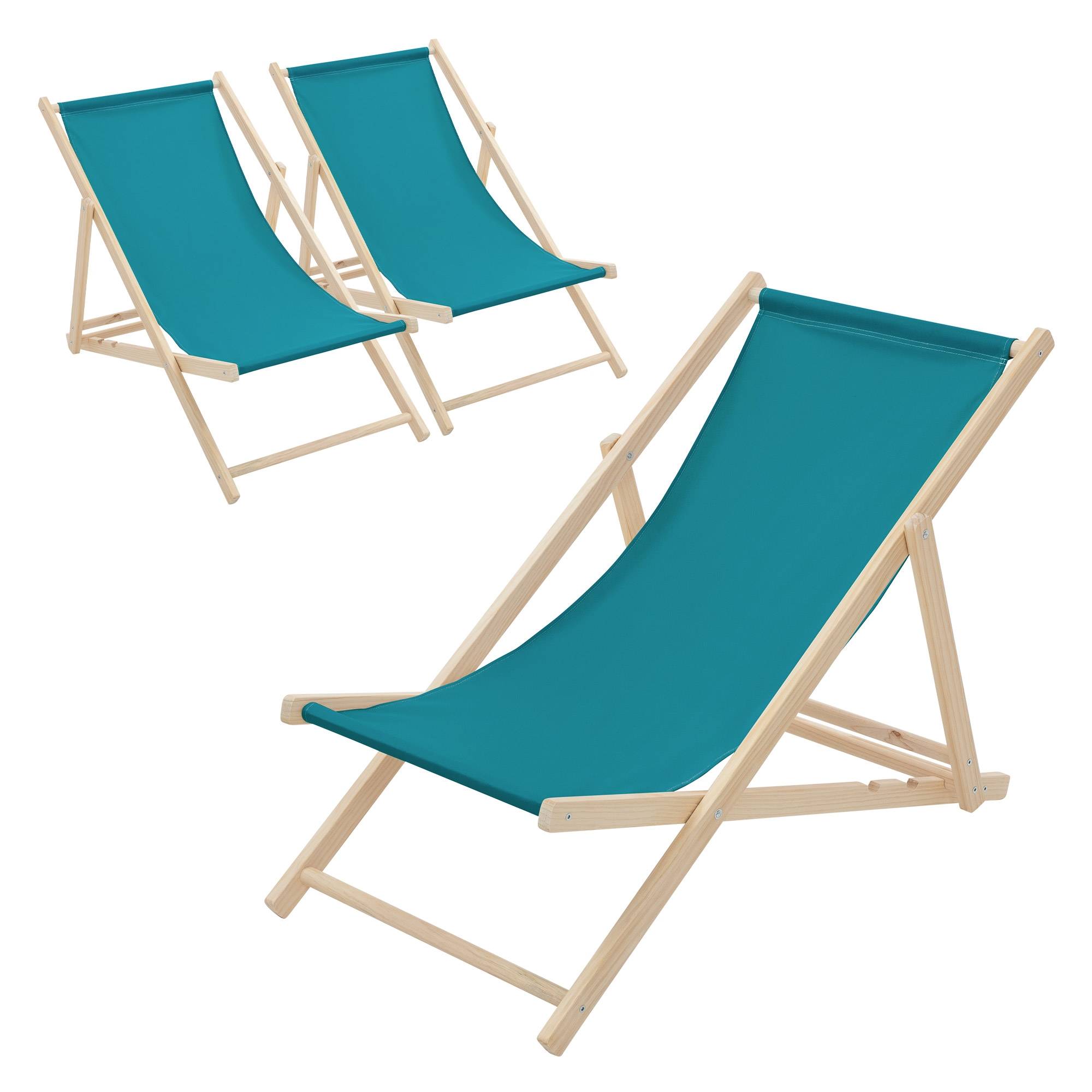Ecd-Germany - Set 3x Chaise longue de jardin pliable pétrole en bois chiliennes 3 positions de couchage  jusqu'à 120 kg usage intérieur et extérieur balcon terrasse - Image 2