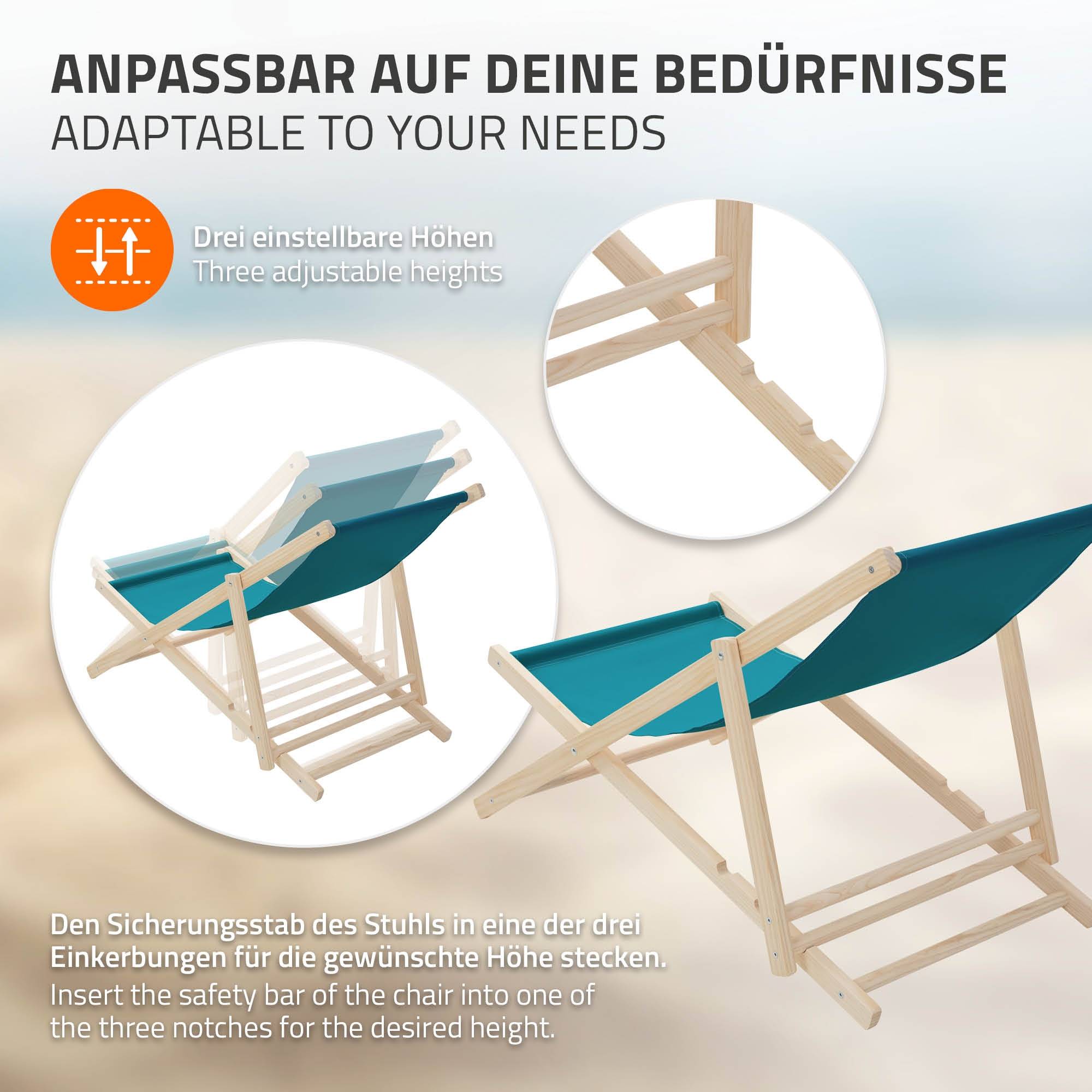 Ecd-Germany - Set 3x Chaise longue de jardin pliable pétrole en bois chiliennes 3 positions de couchage  jusqu'à 120 kg usage intérieur et extérieur balcon terrasse - Image 5