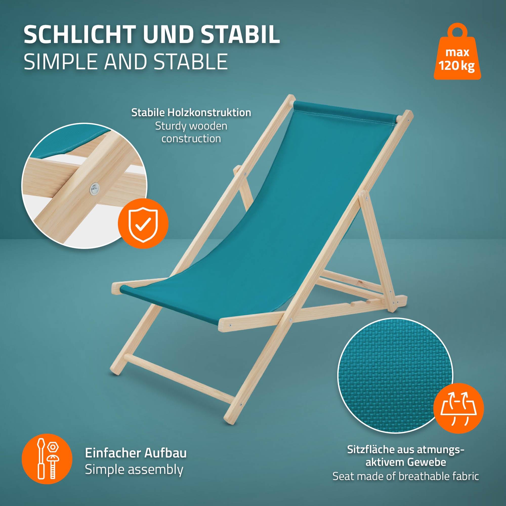 Ecd-Germany - Set 3x Chaise longue de jardin pliable pétrole en bois chiliennes 3 positions de couchage  jusqu'à 120 kg usage intérieur et extérieur balcon terrasse - Image 4