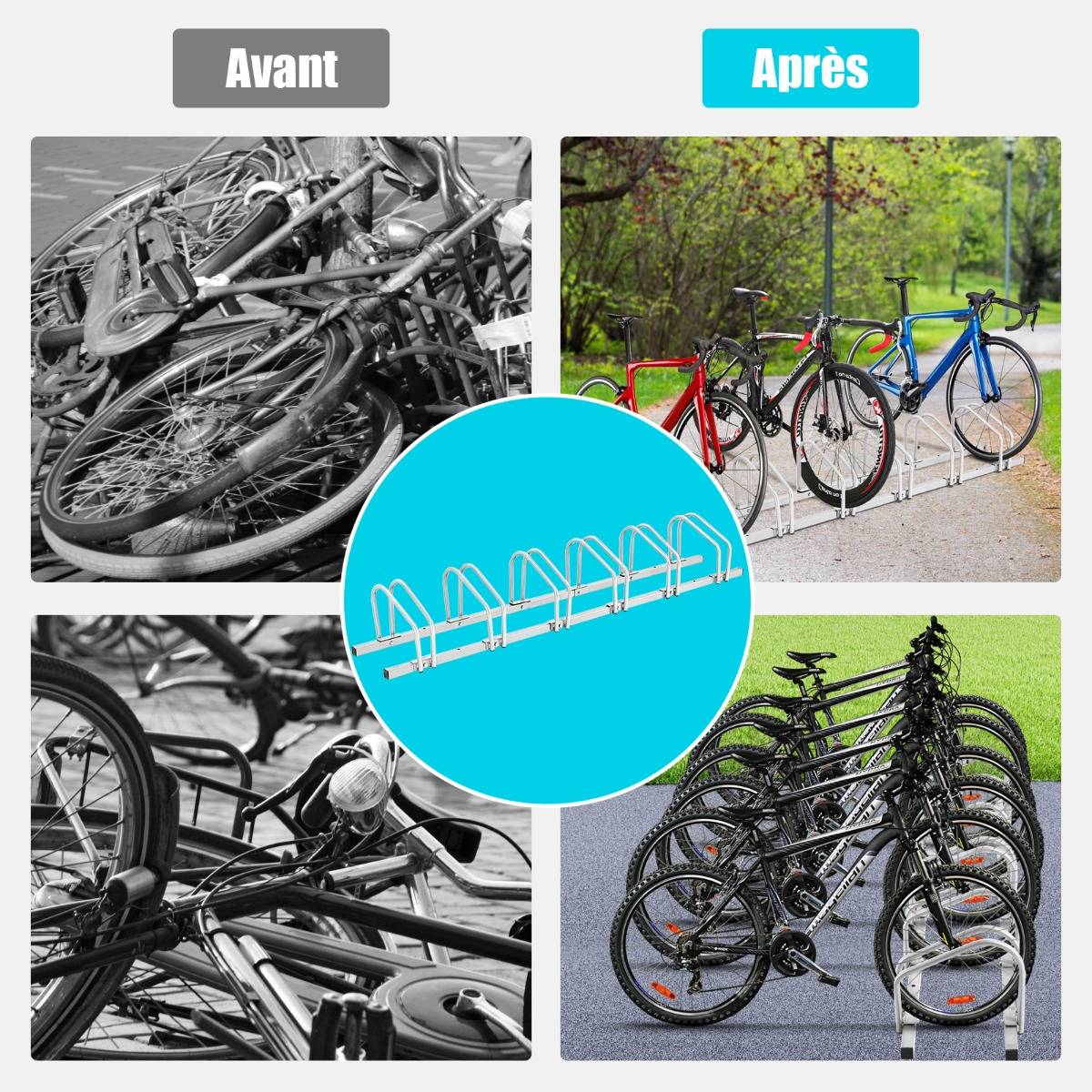 Maison Chic - Râtelier pour 6 Vélo en Acier Revêtu Fixation au Sol ou au Mur pour Extérieur et Intérieur 180 x 32,5 x 26CM Argent - Image 9