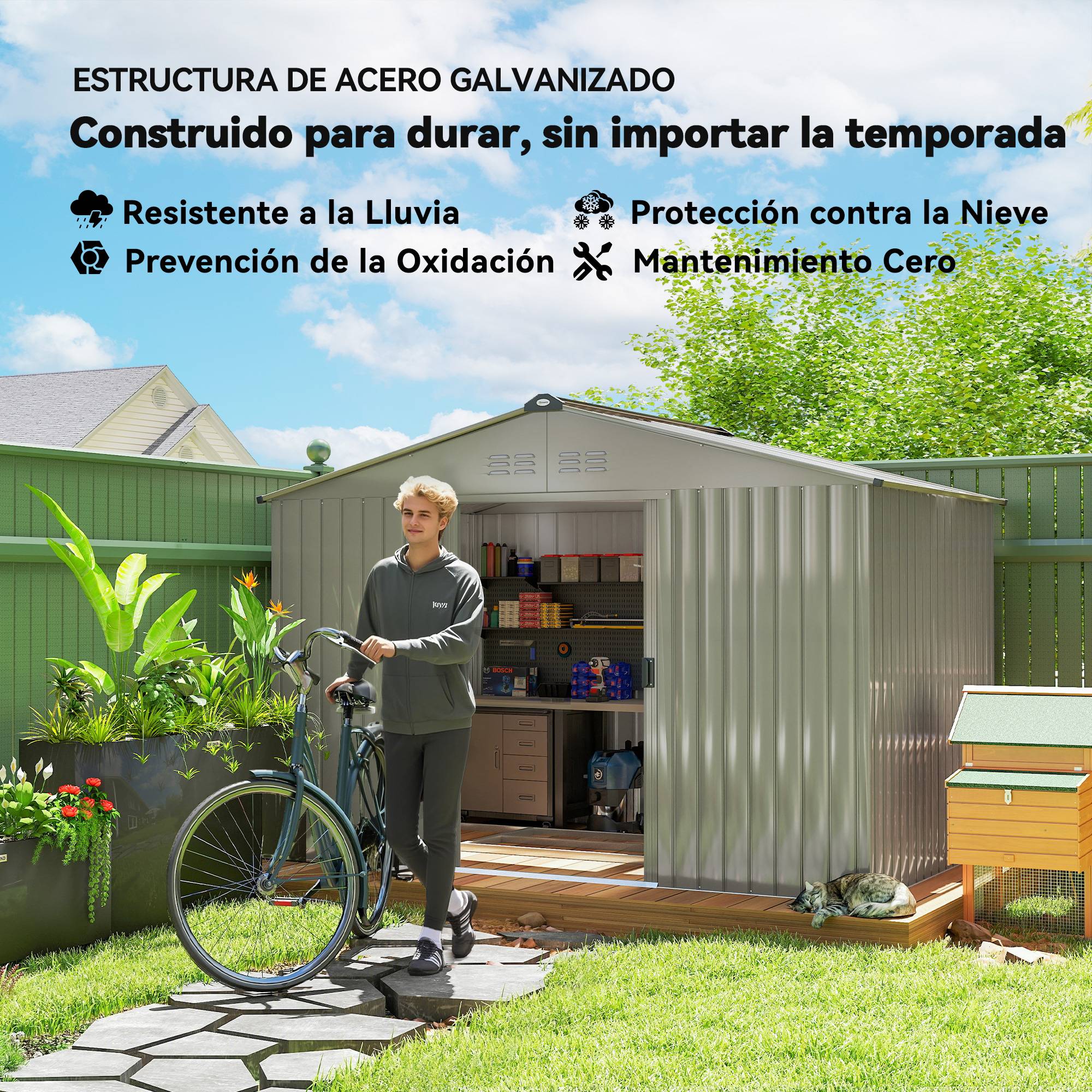 Abri de jardin 4,9 m² (277 x 195 x 192 cm) avec 2 portes coulissantes, toit en pente et 4 fenêtres, gris argenté - Image 7