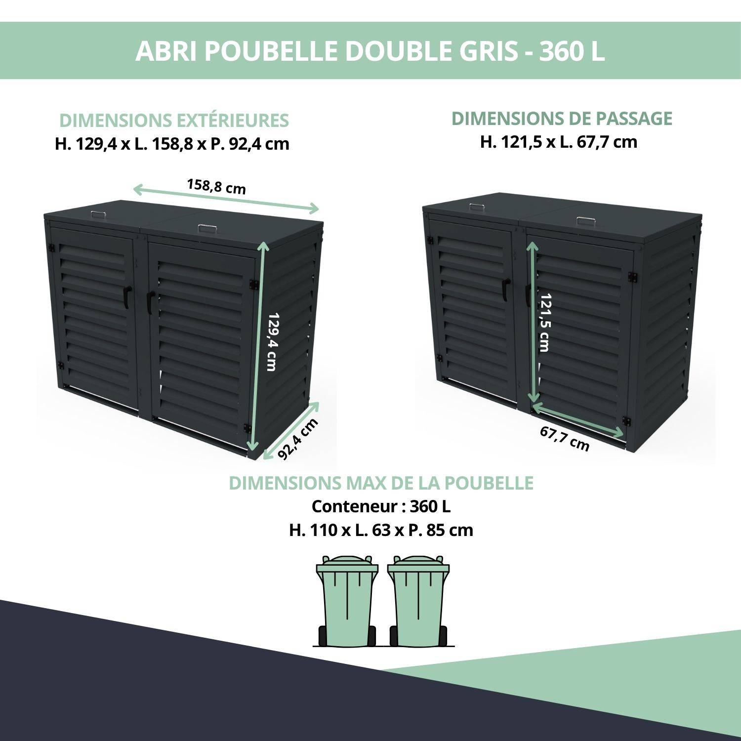 Cache-poubelle extérieur 2x360L en aluminium thermolaqué gris anthracite – Atole - Image 3