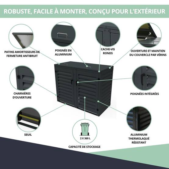 Cache-poubelle extérieur 2x360L en aluminium thermolaqué gris anthracite – Atole - Image 5