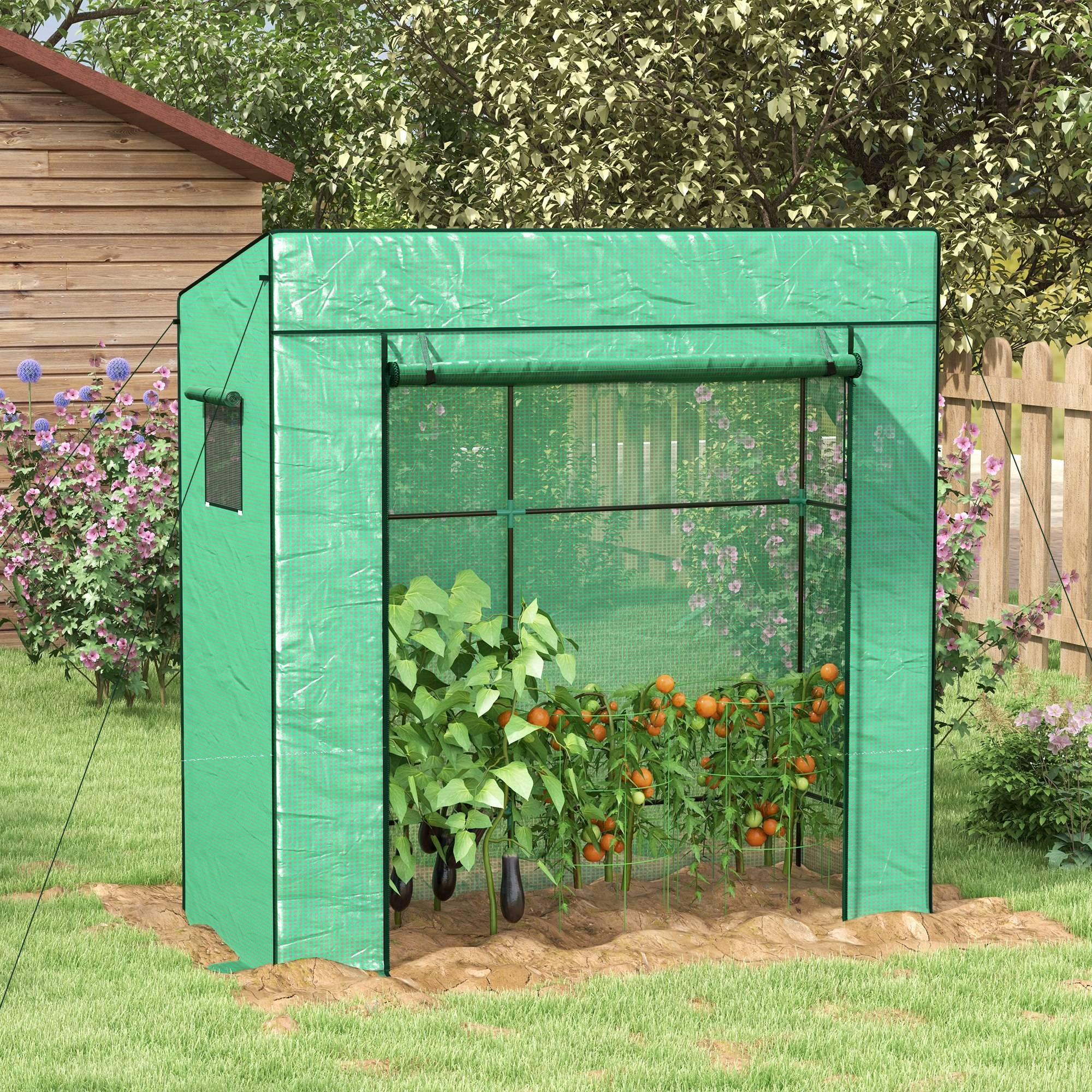 Sans Marque - Serre de jardin murale adossée avec 1 porte enroulable, bâche PE renforcée, 2 fenêtres, dim. 196L x 77l x 197/178H cm - Image 3