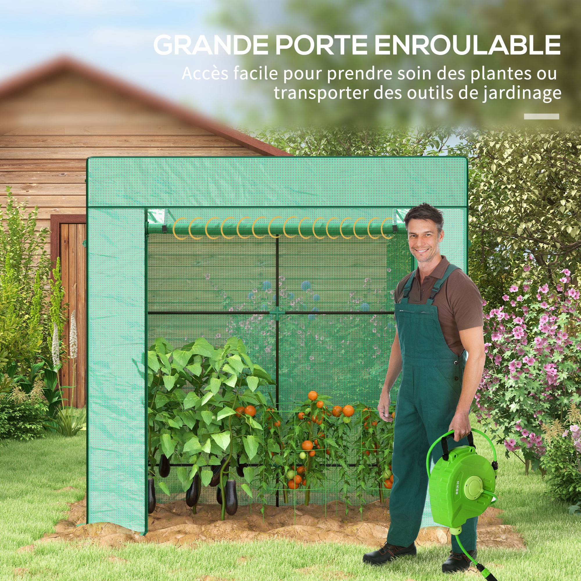 Sans Marque - Serre de jardin murale adossée avec 1 porte enroulable, bâche PE renforcée, 2 fenêtres, dim. 196L x 77l x 197/178H cm - Image 7