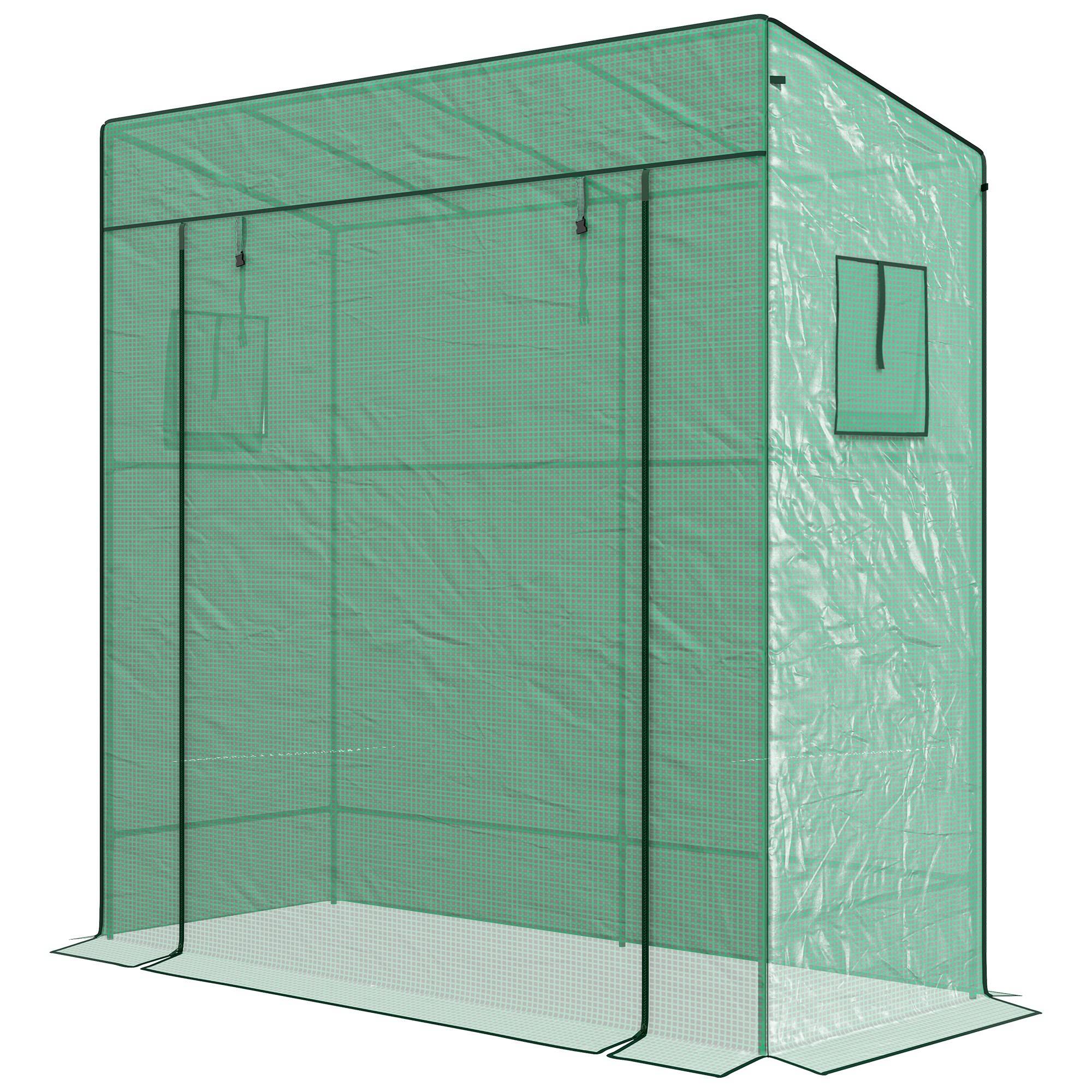 Sans Marque - Serre de jardin murale adossée avec 1 porte enroulable, bâche PE renforcée, 2 fenêtres, dim. 196L x 77l x 197/178H cm - Image 2