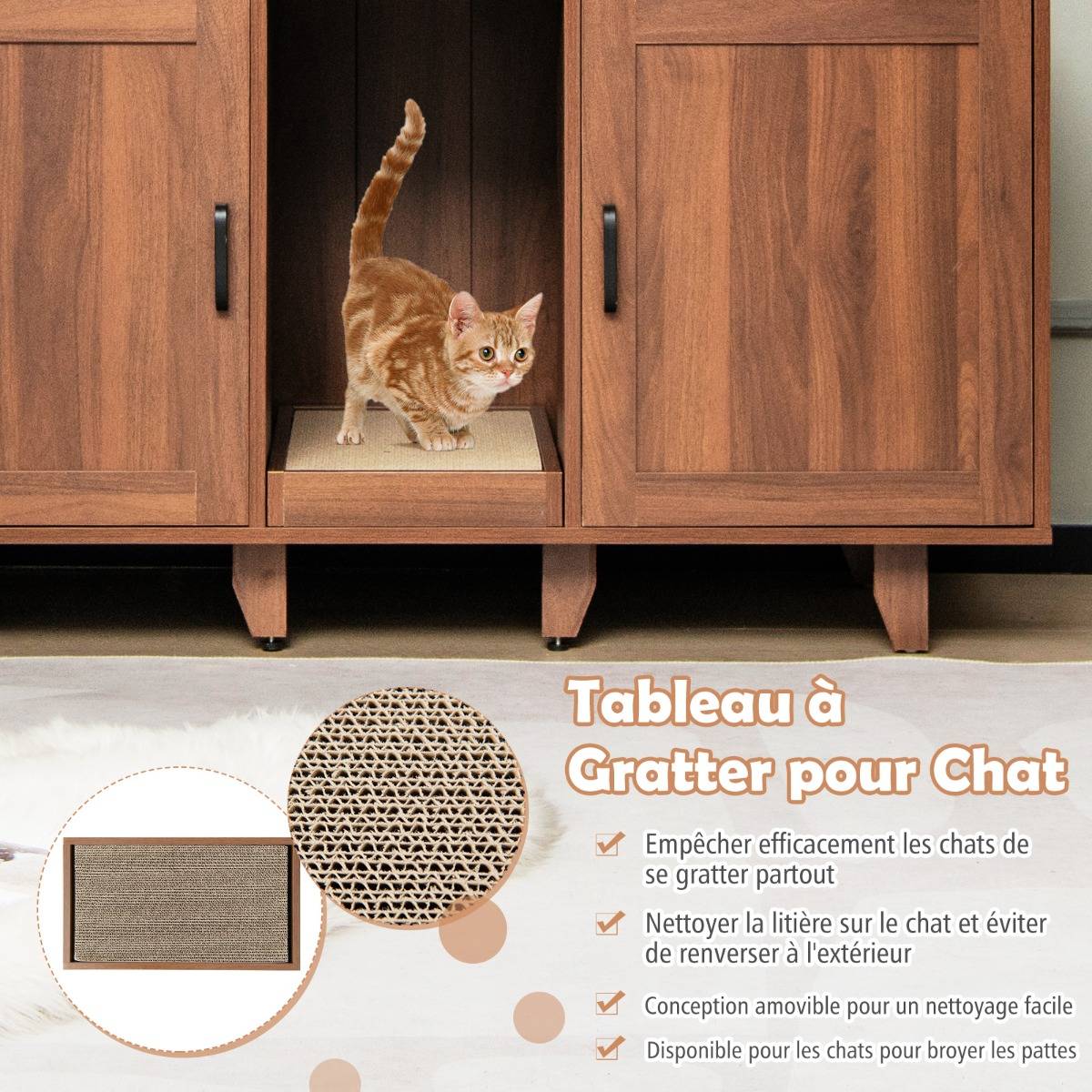 Maison de Toilette pour Chat 2 Portes Planche à Gratter Amovible Meuble Bac à Litière pour Chat 2 Compartiments Café - Image 6