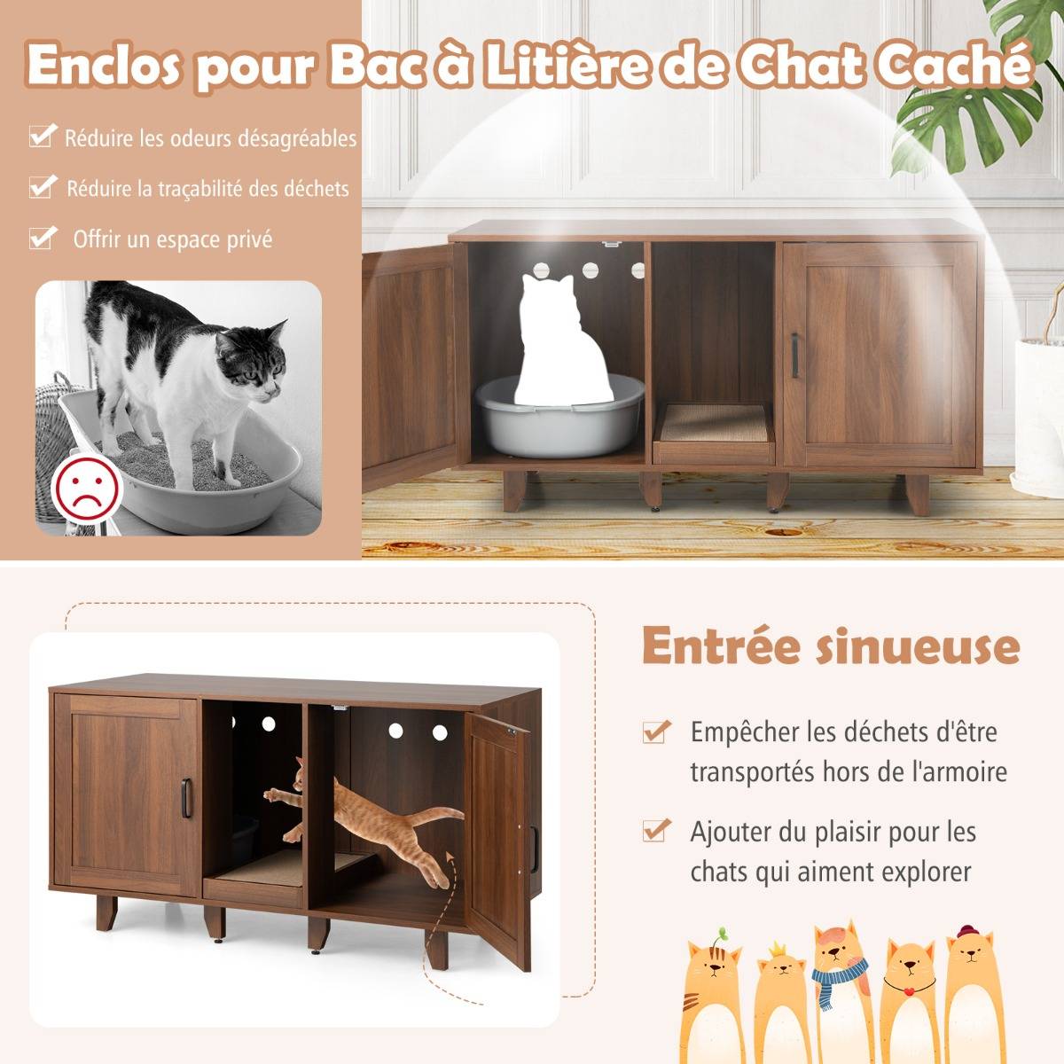 Maison de Toilette pour Chat 2 Portes Planche à Gratter Amovible Meuble Bac à Litière pour Chat 2 Compartiments Café - Image 7