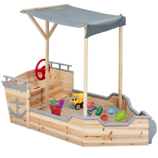 Bac à sable WORLD bois bateau de pirate avec banc coffre et toit gris - Image 2