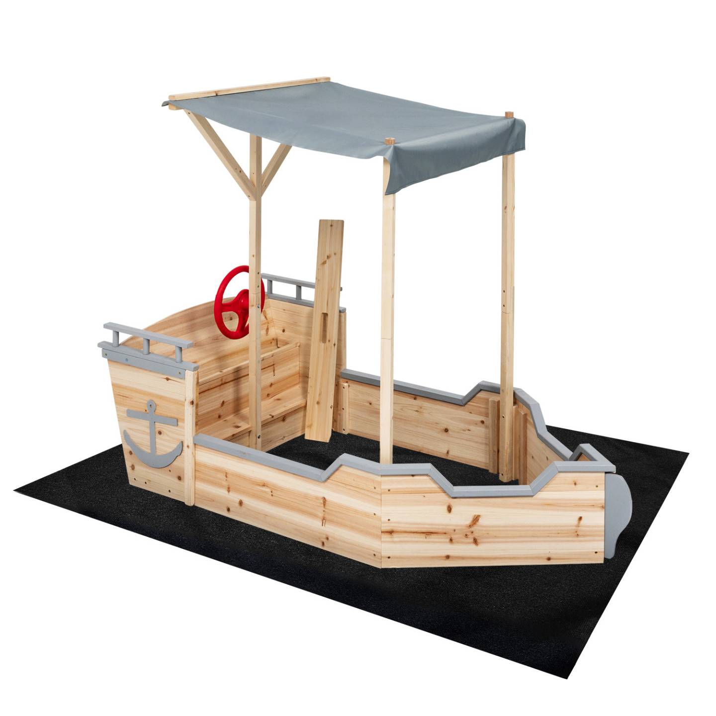 Bac à sable WORLD bois bateau de pirate avec banc coffre et toit gris - Image 6
