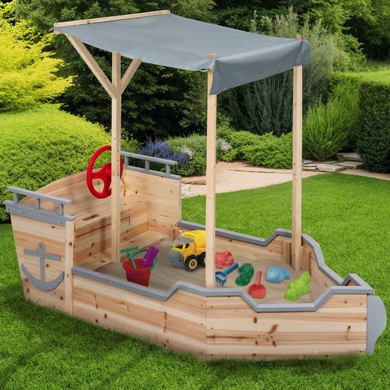 Bac à sable WORLD bois bateau de pirate avec banc coffre et toit gris - Image 1
