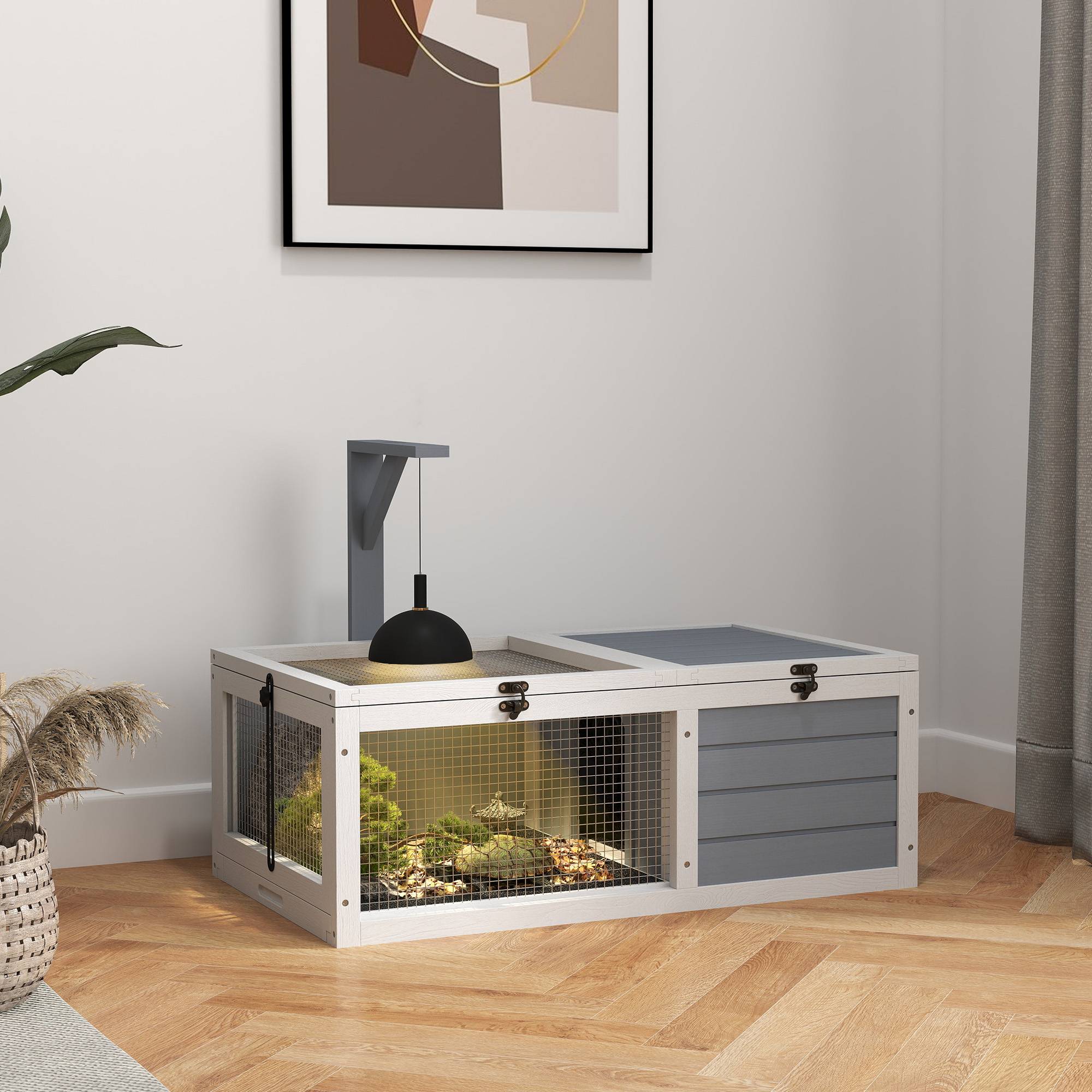 Sans Marque - Maison enclos cage pour petit animal tortue avec 2 espaces support de lampe 81 x 48 x 31,5 cm gris - Image 3