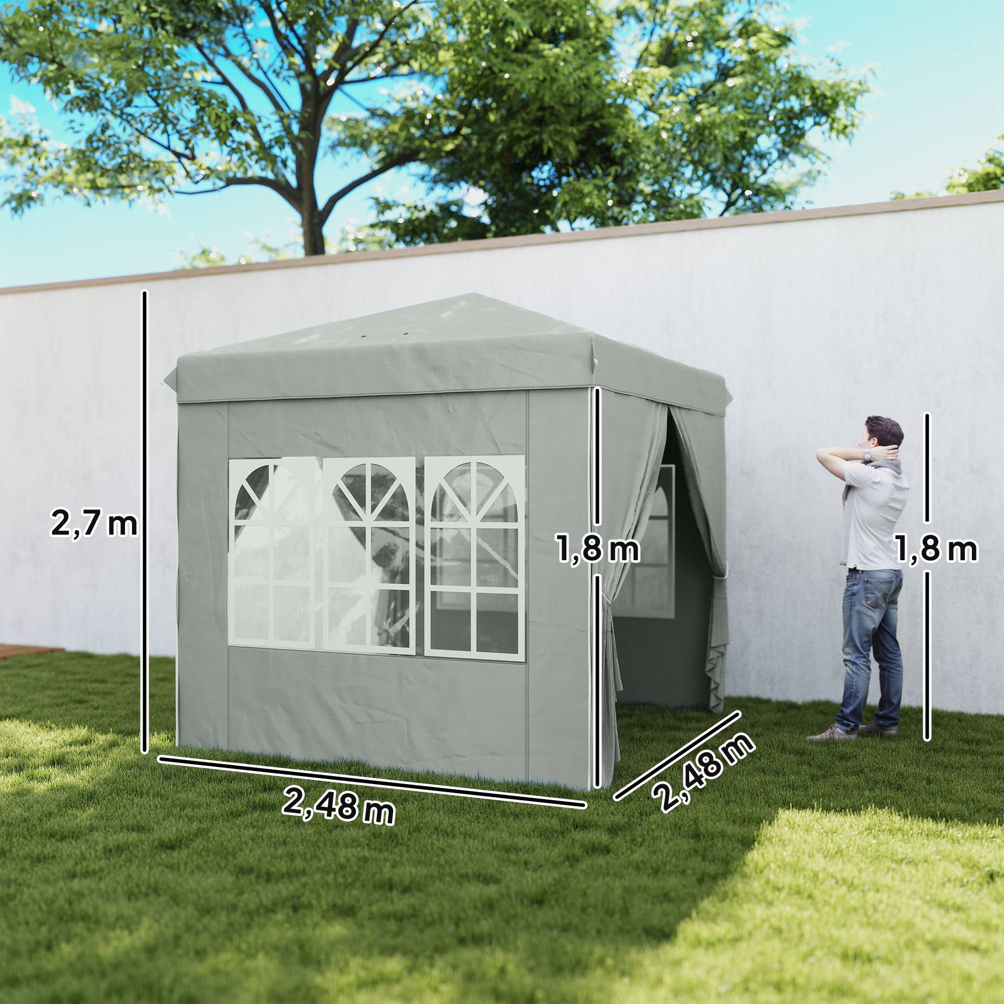 Tente pliante pop-up 2,5 x 2,5 m avec 3 niveaux de hauteur réglables, 4 côtés, fenêtres et sac de transport, imperméable UPF50+, grise - Image 5