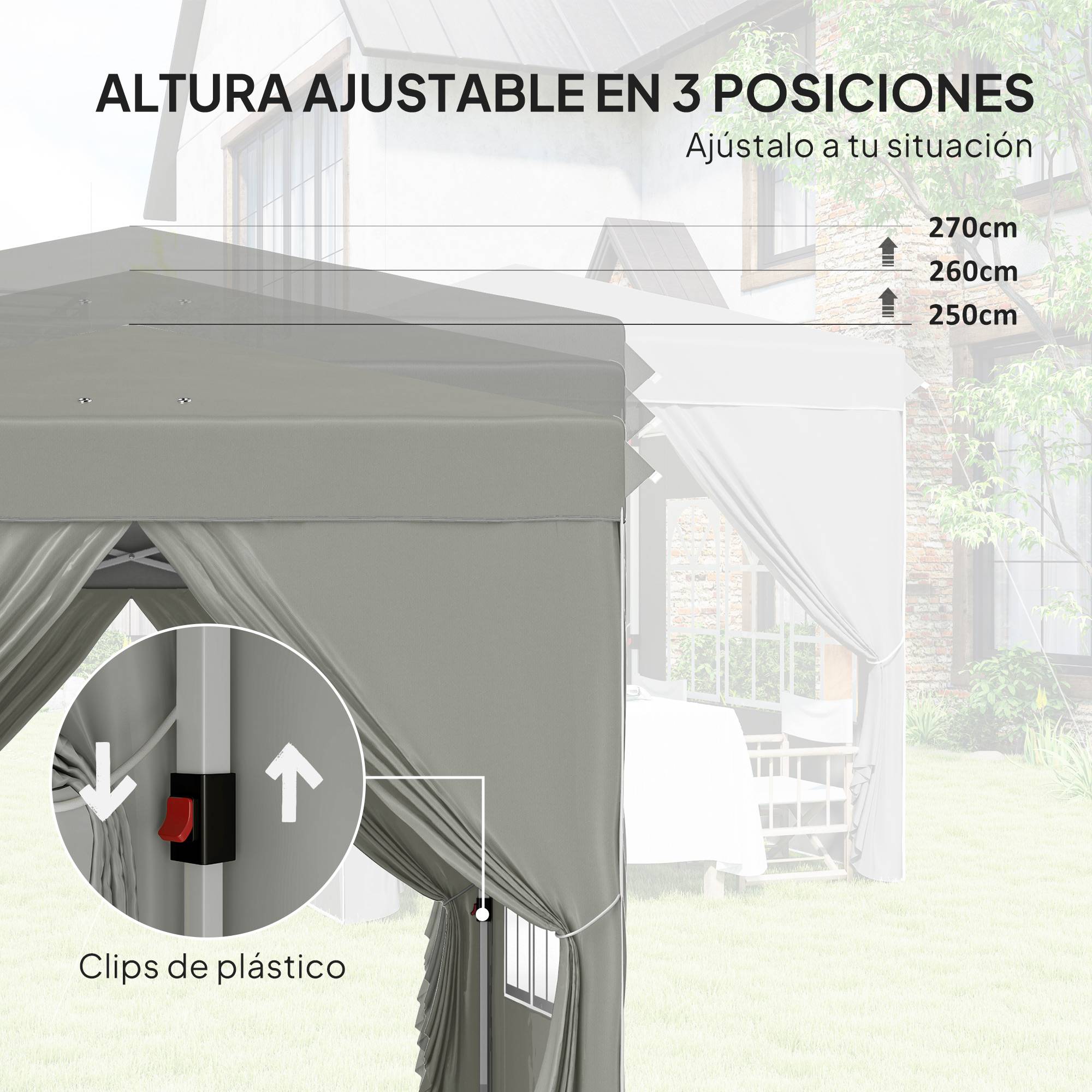Tente pliante pop-up 2,5 x 2,5 m avec 3 niveaux de hauteur réglables, 4 côtés, fenêtres et sac de transport, imperméable UPF50+, grise - Image 7