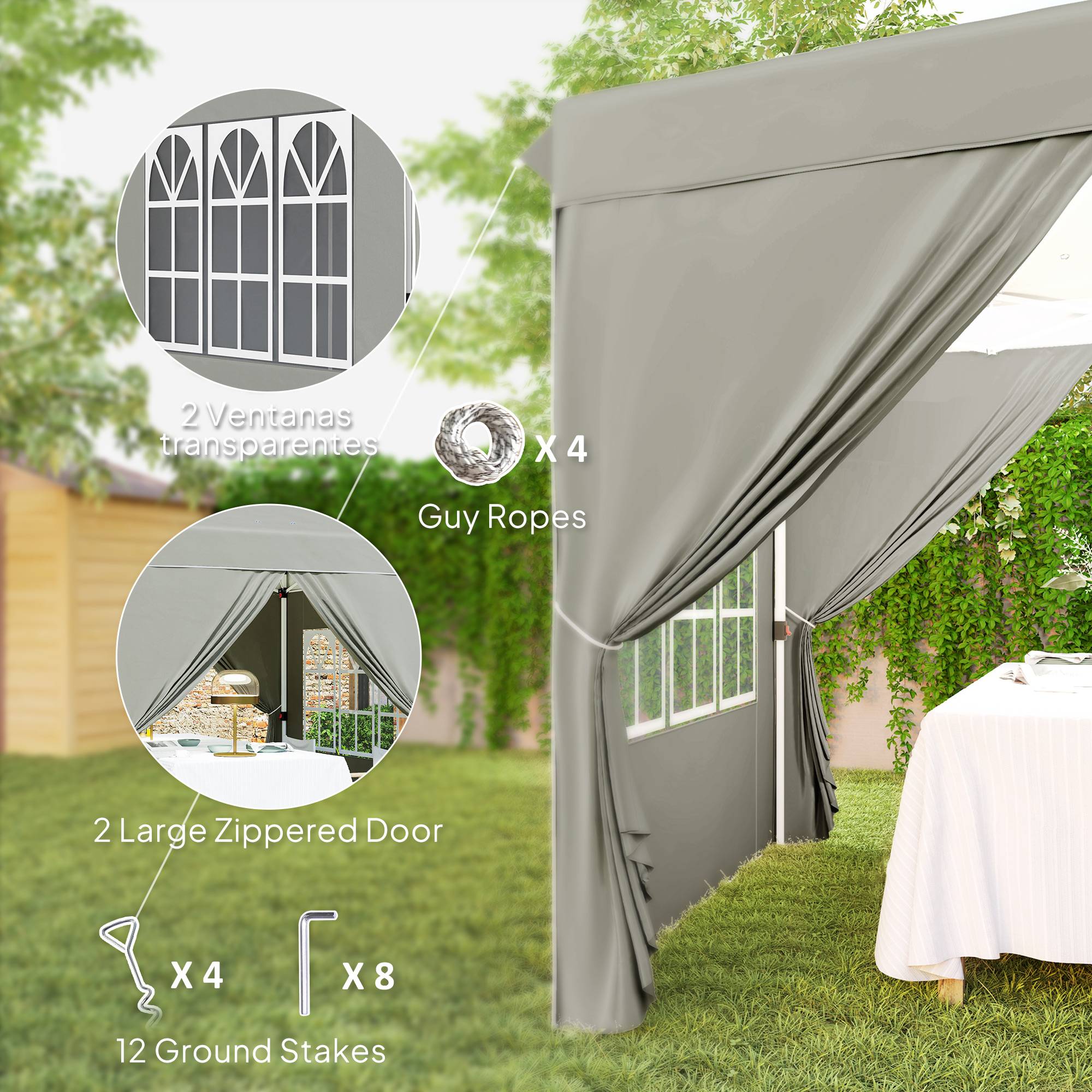 Tente pliante pop-up 2,5 x 2,5 m avec 3 niveaux de hauteur réglables, 4 côtés, fenêtres et sac de transport, imperméable UPF50+, grise - Image 10