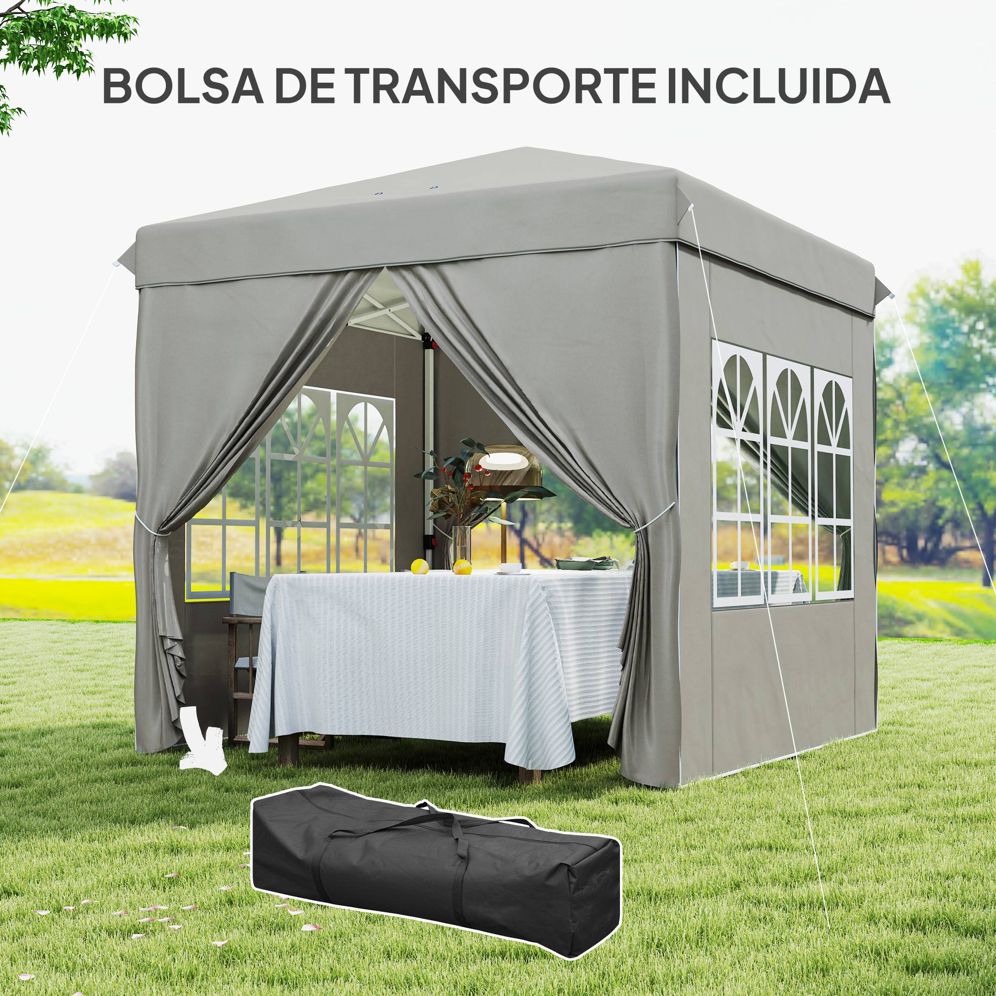 Tente pliante pop-up 2,5 x 2,5 m avec 3 niveaux de hauteur réglables, 4 côtés, fenêtres et sac de transport, imperméable UPF50+, grise - Image 9