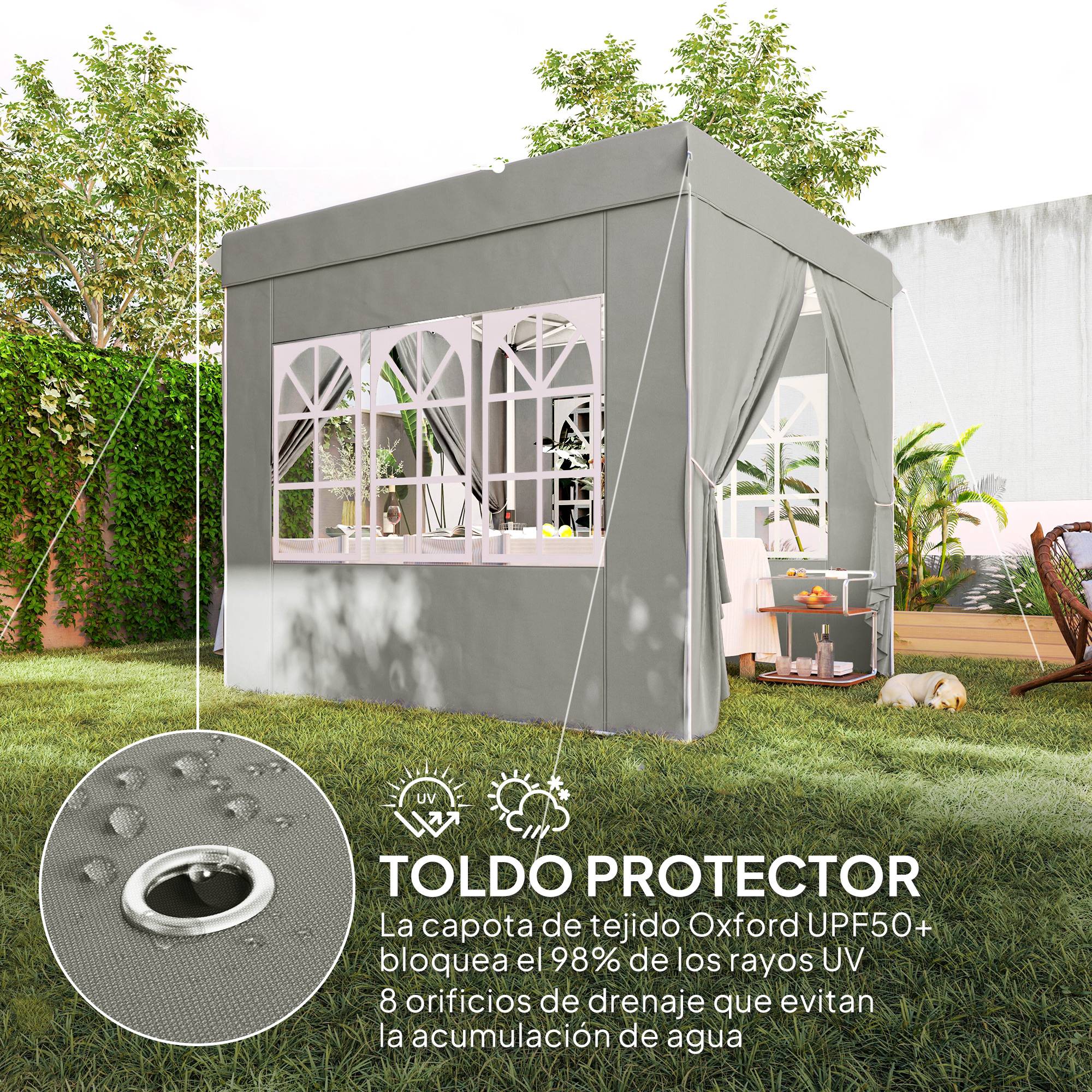 Tente pliante pop-up 2,5 x 2,5 m avec 3 niveaux de hauteur réglables, 4 côtés, fenêtres et sac de transport, imperméable UPF50+, grise - Image 8