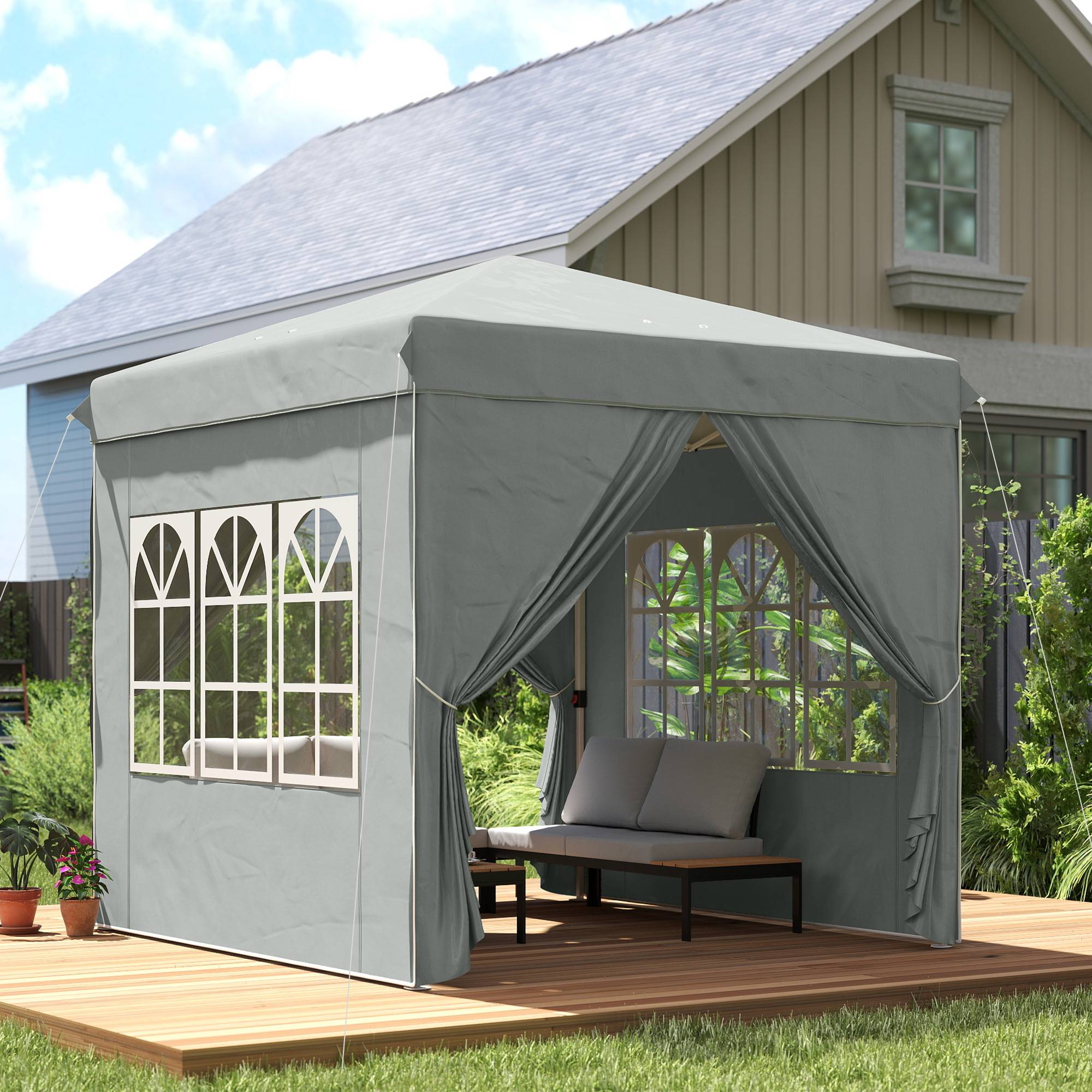 Tente pliante pop-up 2,5 x 2,5 m avec 3 niveaux de hauteur réglables, 4 côtés, fenêtres et sac de transport, imperméable UPF50+, grise - Image 4