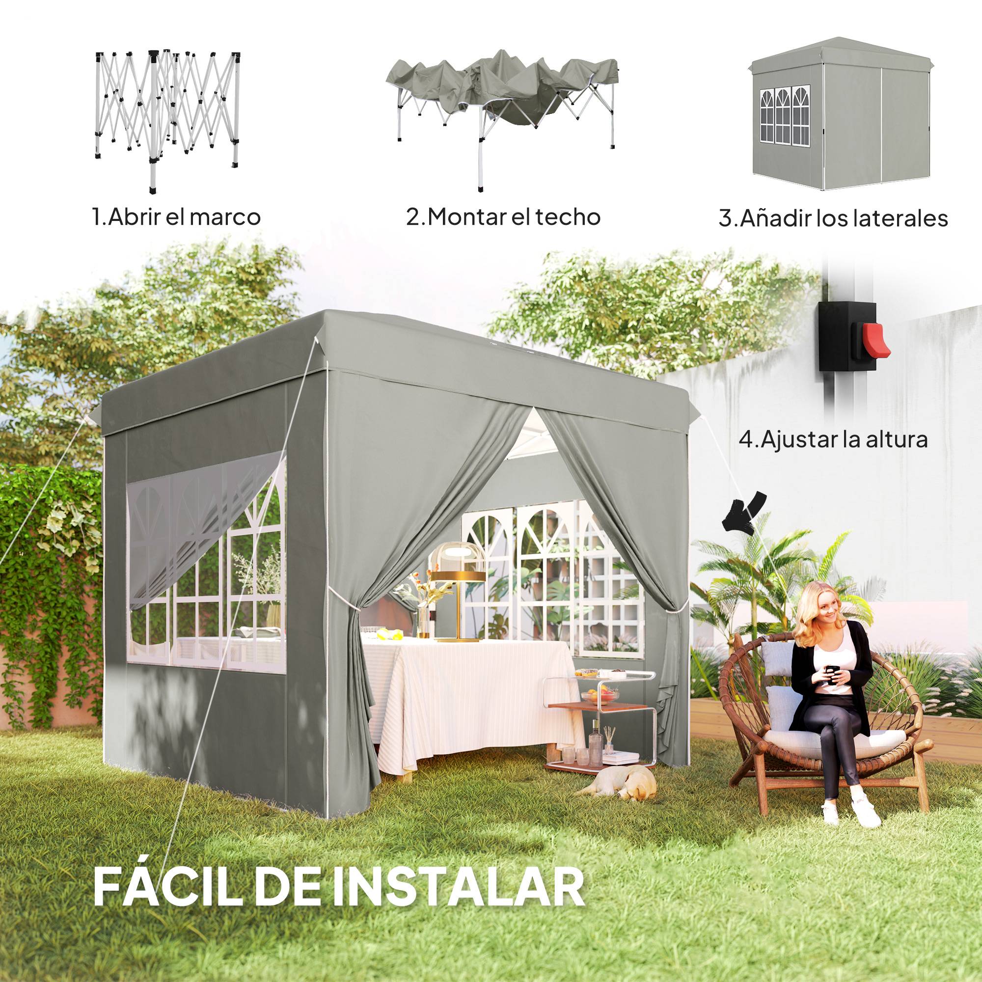 Tente pliante pop-up 2,5 x 2,5 m avec 3 niveaux de hauteur réglables, 4 côtés, fenêtres et sac de transport, imperméable UPF50+, grise - Image 6