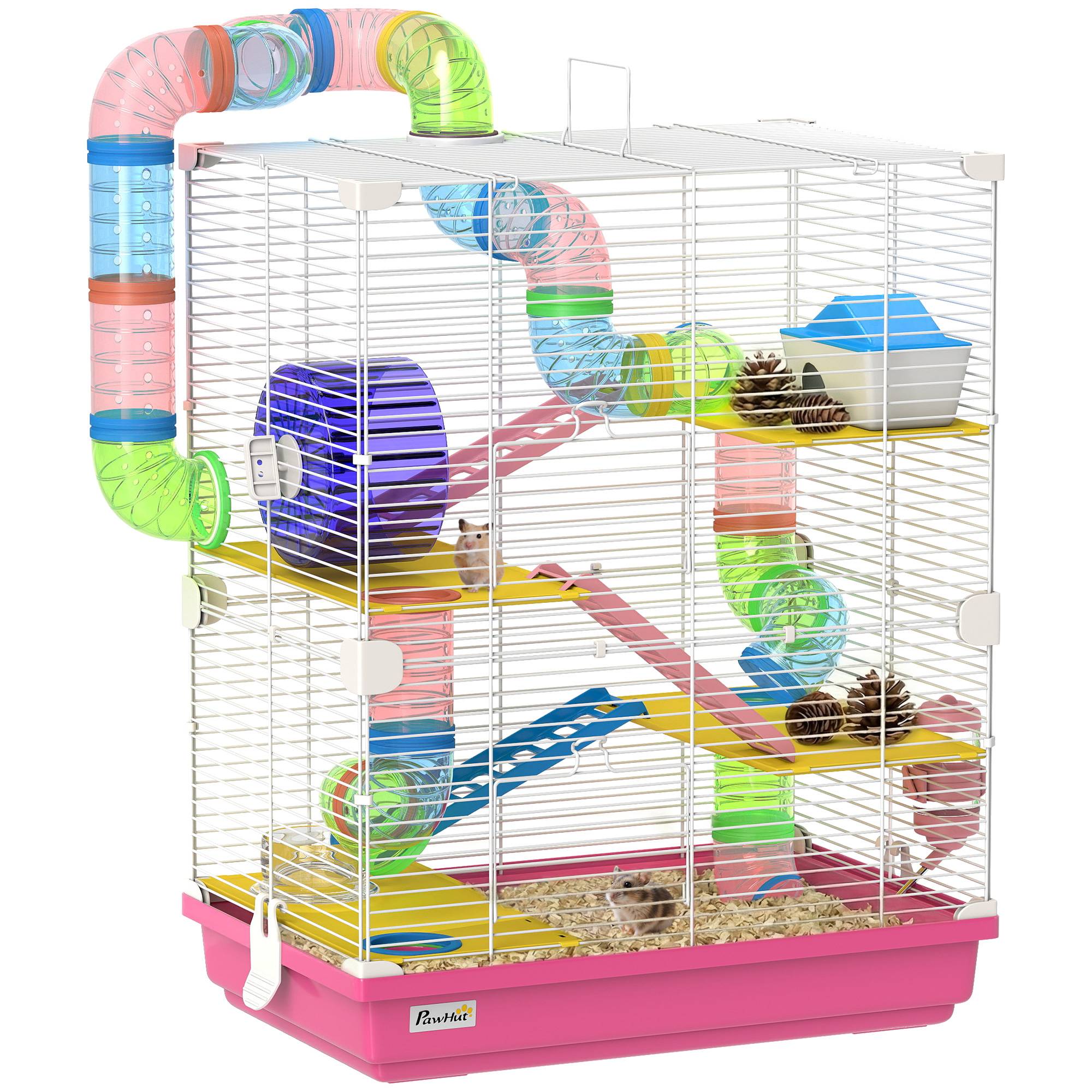 Cage pour hamster avec tunnel, plateformes, gamelle, biberon, maisonnette, rampes et roue d'exercice 46x30x58 cm Rose - Image 1