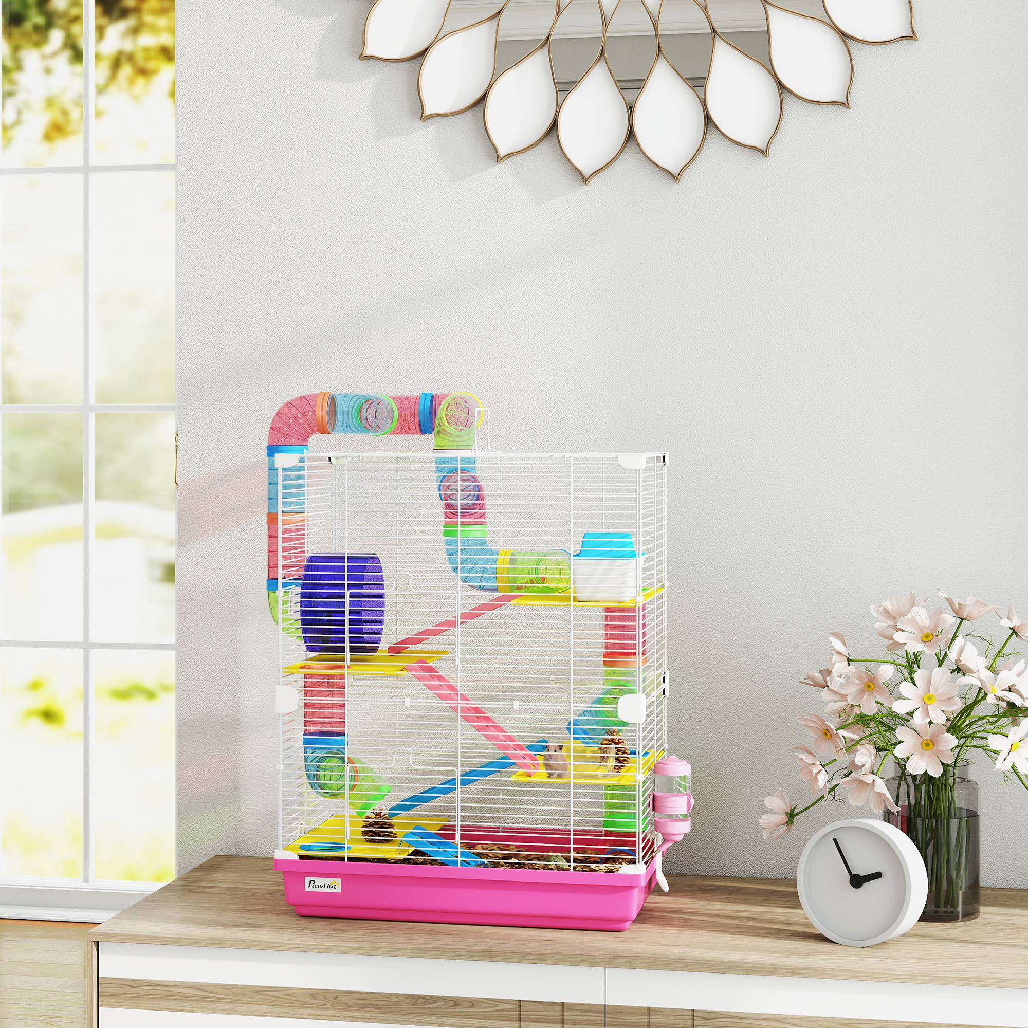 Cage pour hamster avec tunnel, plateformes, gamelle, biberon, maisonnette, rampes et roue d'exercice 46x30x58 cm Rose - Image 4