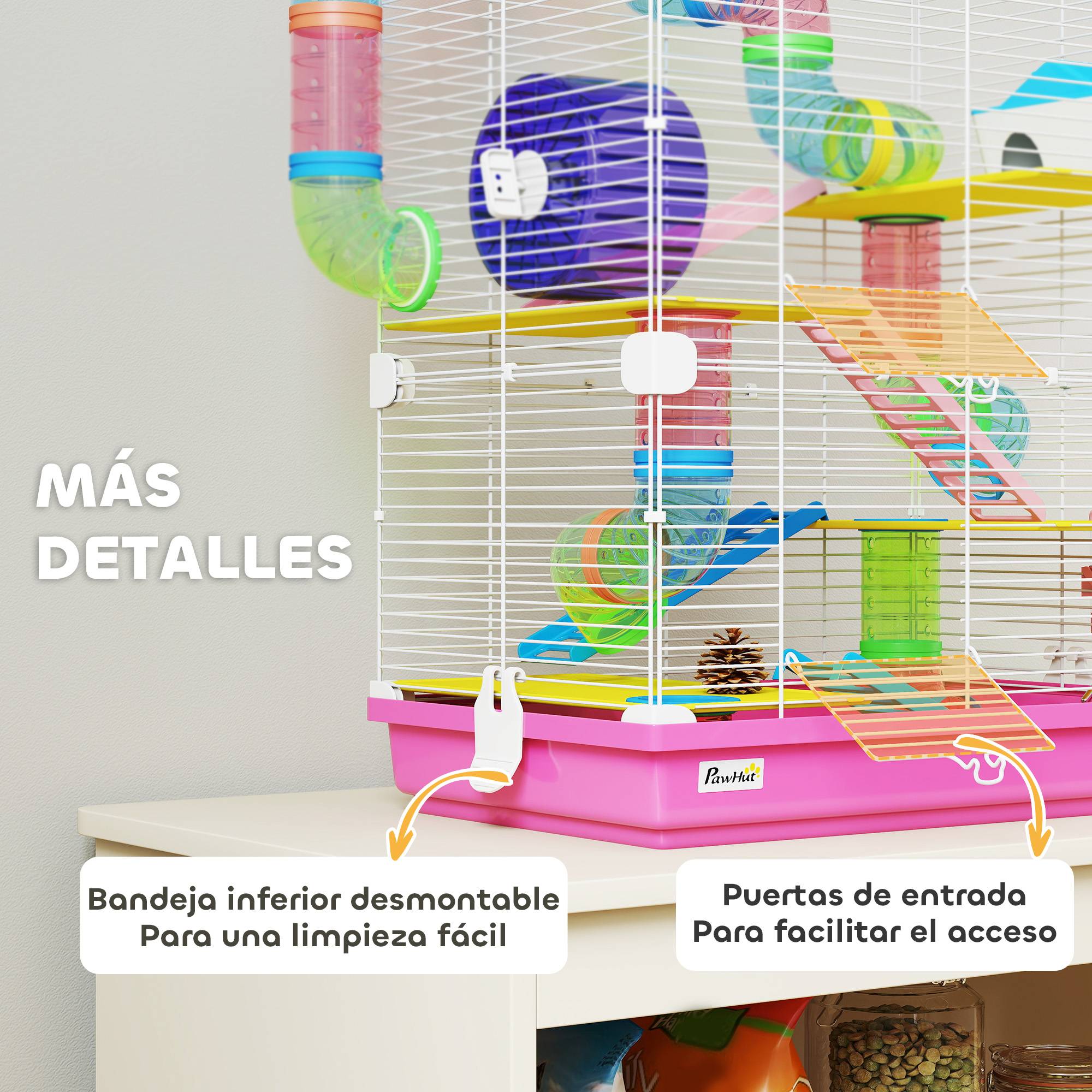 Cage pour hamster avec tunnel, plateformes, gamelle, biberon, maisonnette, rampes et roue d'exercice 46x30x58 cm Rose - Image 9