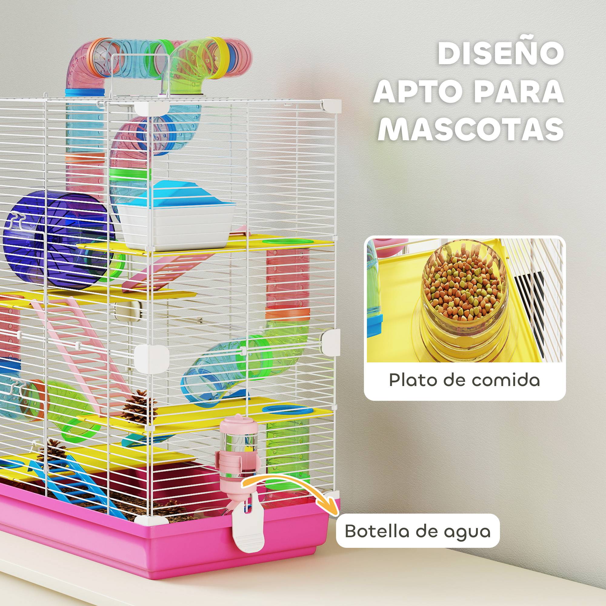 Cage pour hamster avec tunnel, plateformes, gamelle, biberon, maisonnette, rampes et roue d'exercice 46x30x58 cm Rose - Image 7