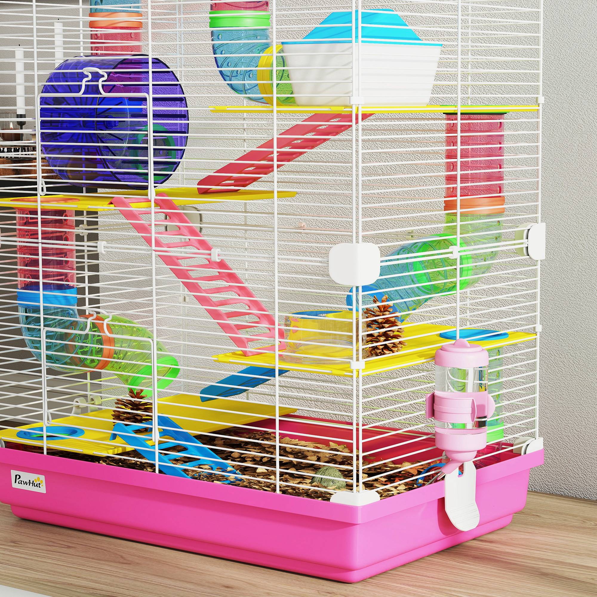 Cage pour hamster avec tunnel, plateformes, gamelle, biberon, maisonnette, rampes et roue d'exercice 46x30x58 cm Rose - Image 10