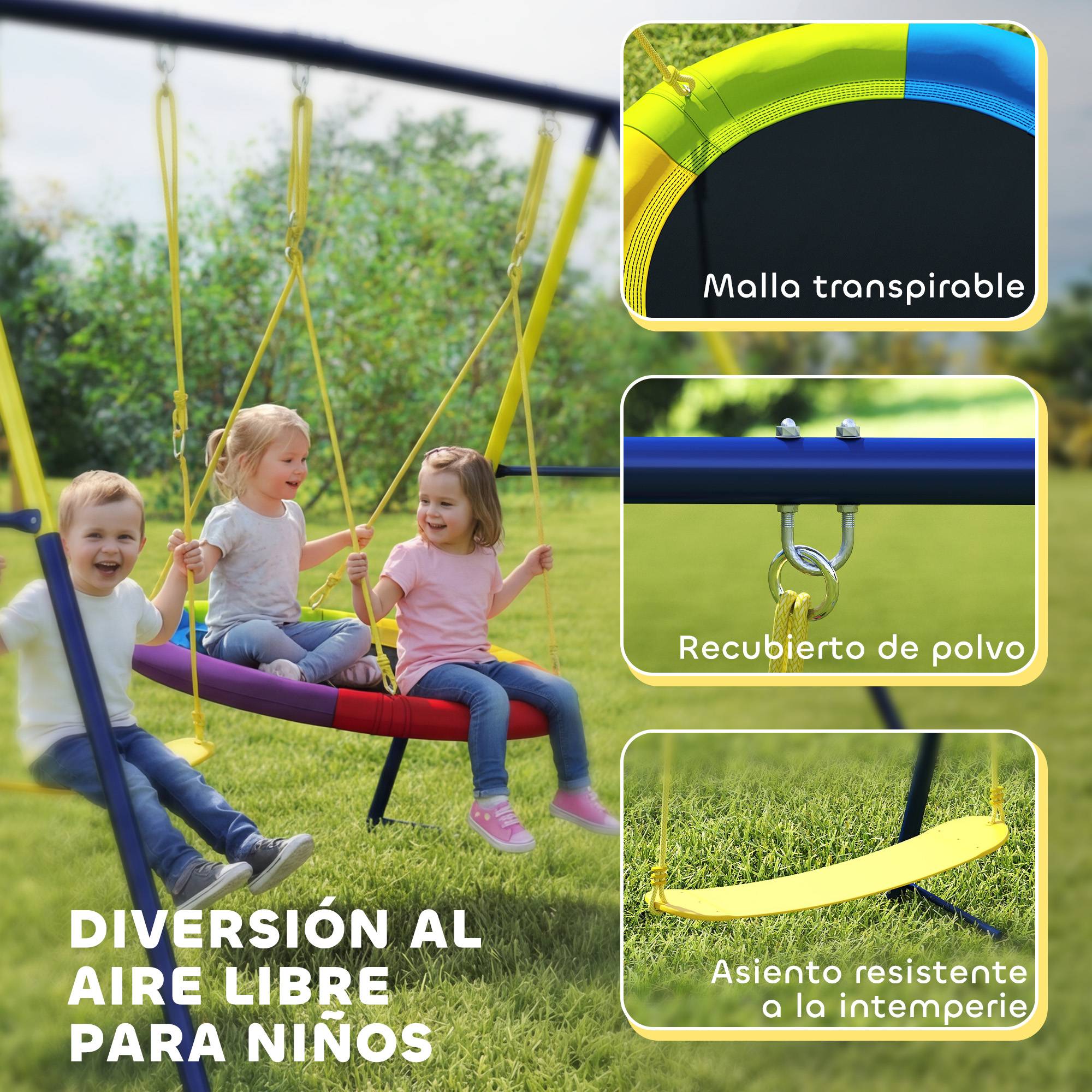 Balançoire multicolore structure acier cordes réglables charge 150kg pour 3 enfants 3–8 ans - Image 9