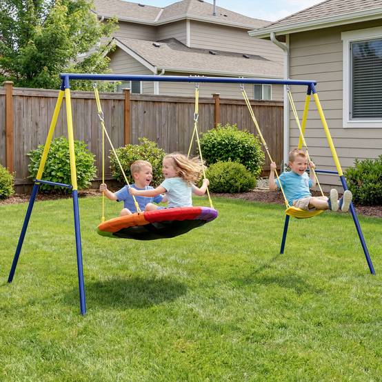 Balançoire multicolore structure acier cordes réglables charge 150kg pour 3 enfants 3–8 ans - Image 3
