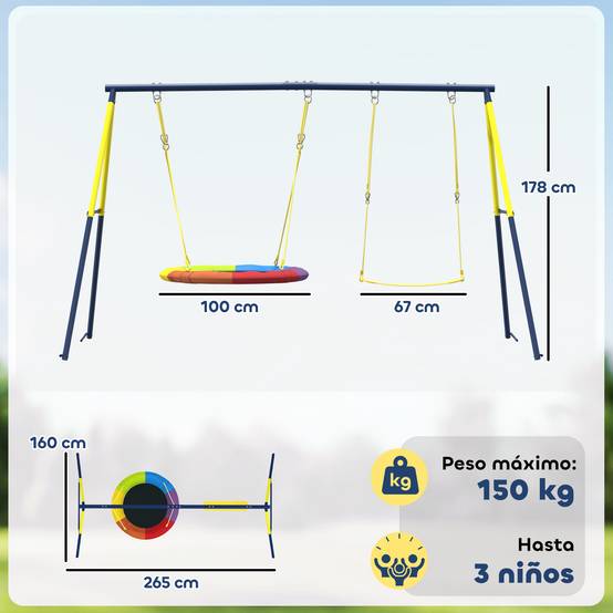 Balançoire multicolore structure acier cordes réglables charge 150kg pour 3 enfants 3–8 ans - Image 5