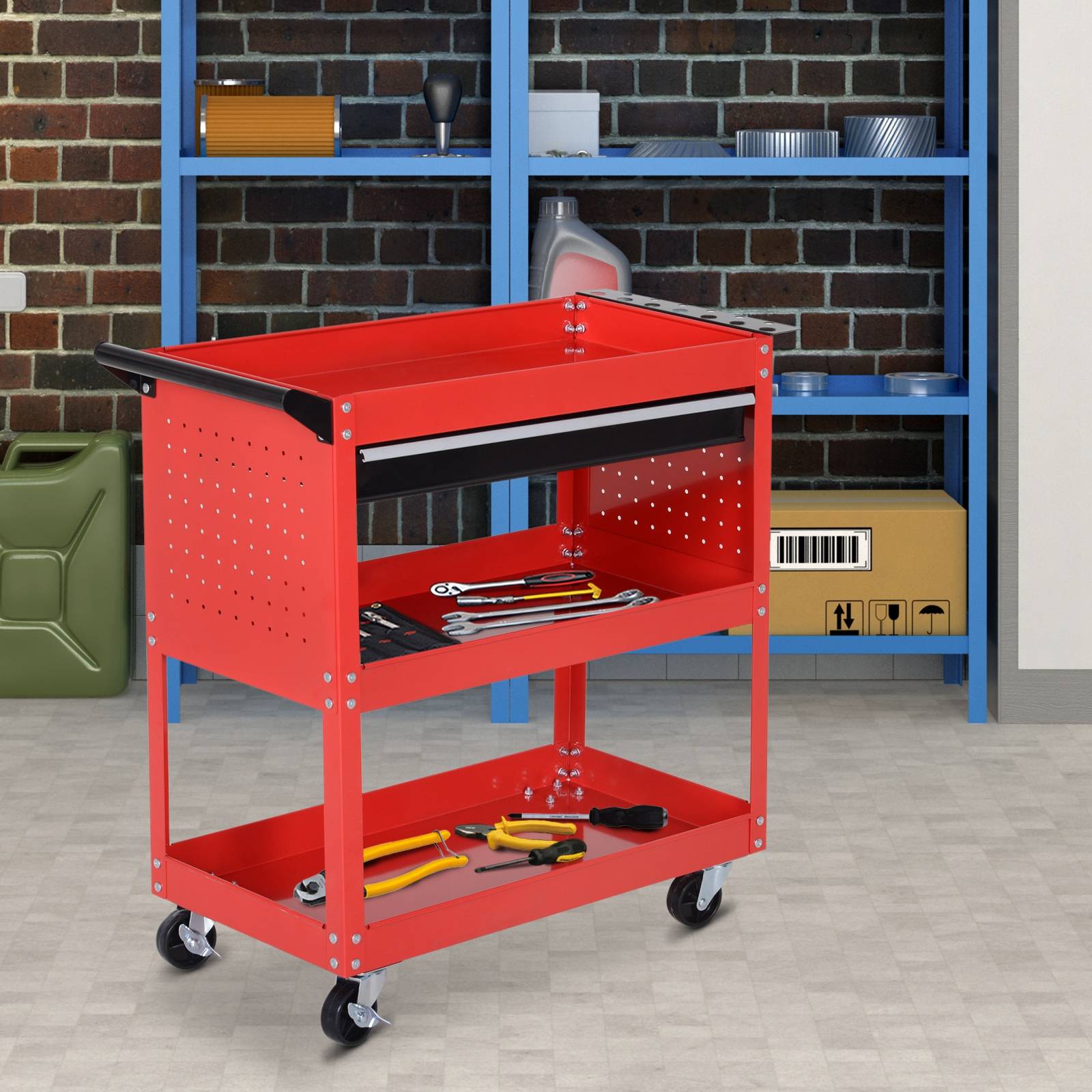 Sans Marque - Valise à outils chariot à outils boîte à outils, 3 niveaux, 4 roulettes, 82 cm x 35 cm x 76 cm, rouge - Image 4