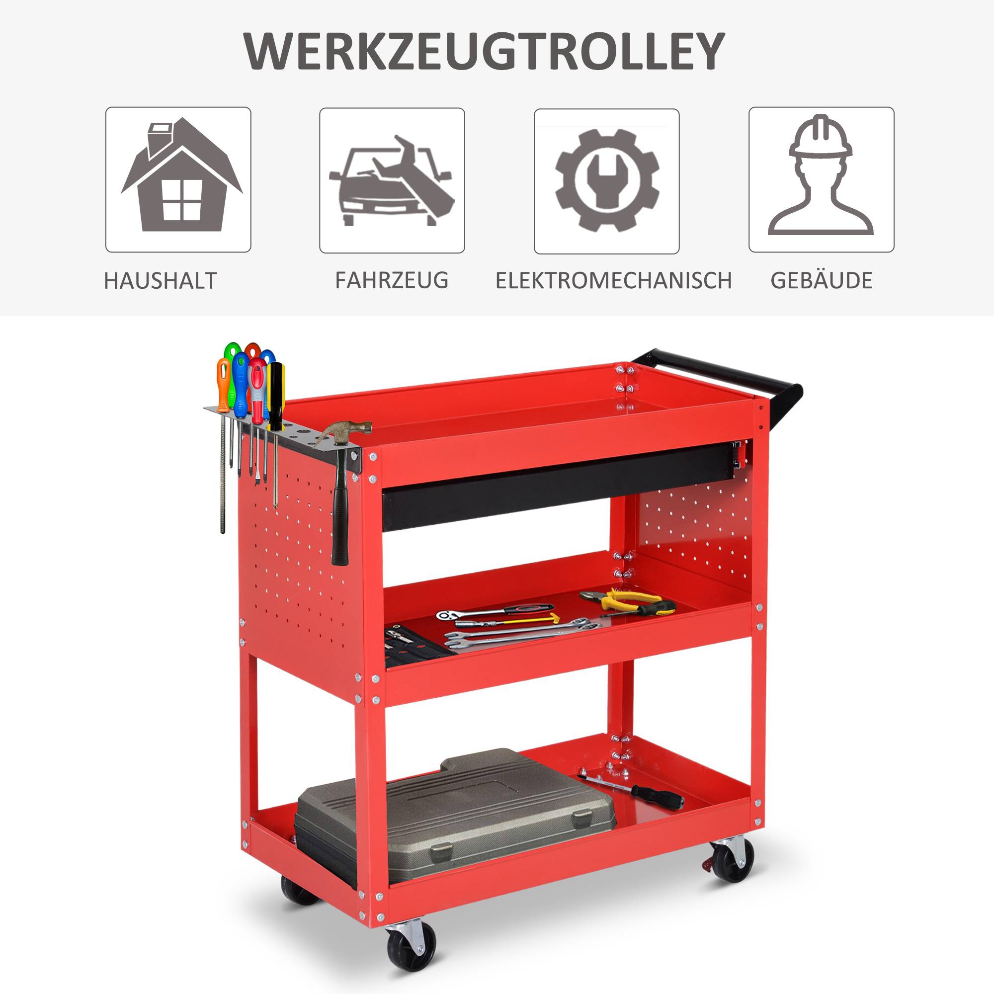 Sans Marque - Valise à outils chariot à outils boîte à outils, 3 niveaux, 4 roulettes, 82 cm x 35 cm x 76 cm, rouge - Image 9