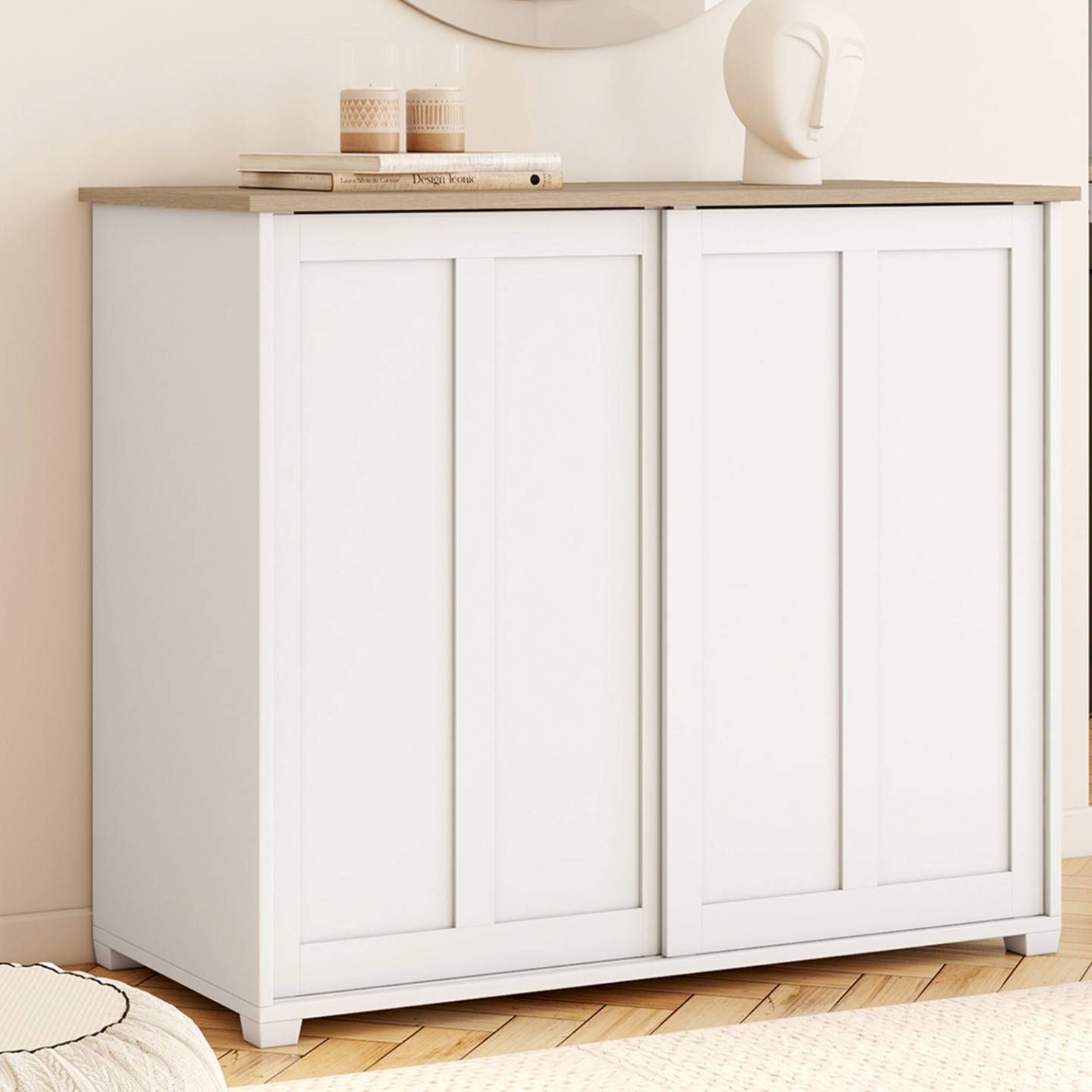 Buffet 100 cm JANGO 2 portes coulissantes blanc et plateau bois - Image 1