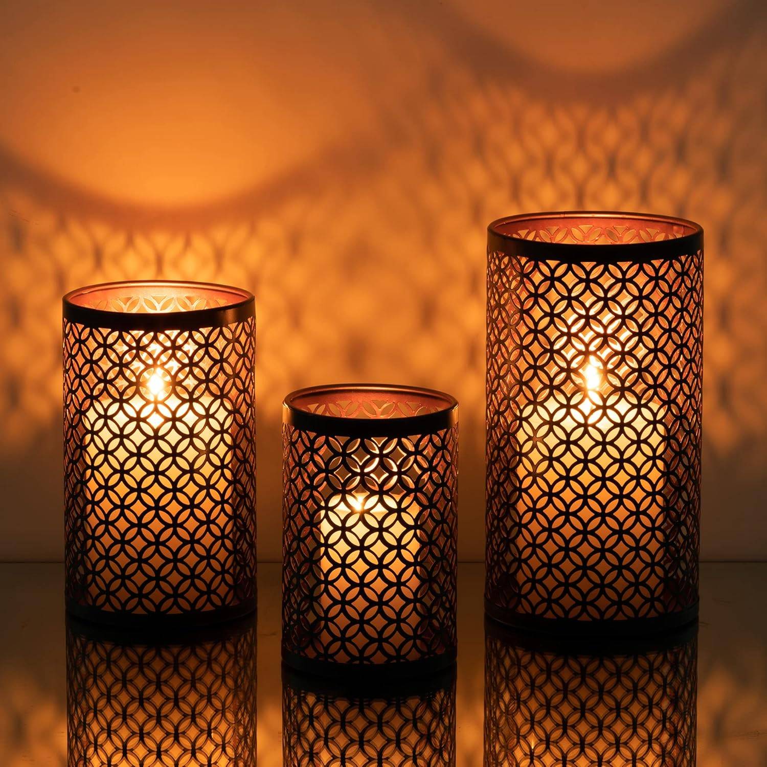 Bougeoir Photophore Noir - Lot de 3 Lanterne Métal Porte Bougie Pilier Orientale Marocaine Design Decoration pour Maison Salle Interieur Deco-Lytech - Image 2