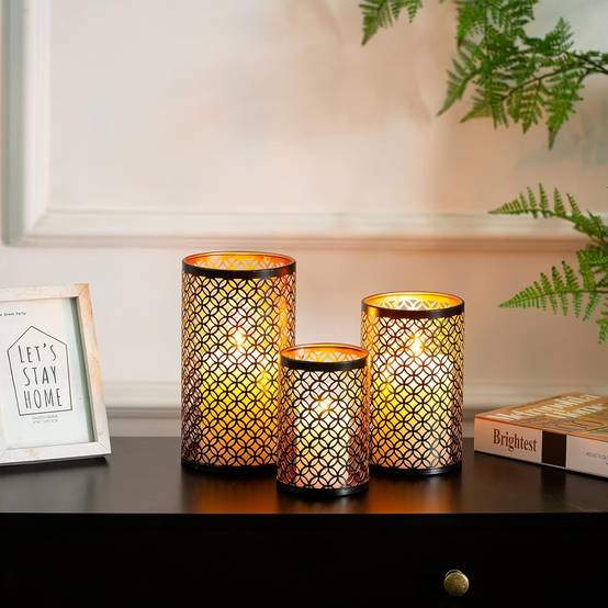 Bougeoir Photophore Noir - Lot de 3 Lanterne Métal Porte Bougie Pilier Orientale Marocaine Design Decoration pour Maison Salle Interieur Deco-Lytech - Image 3